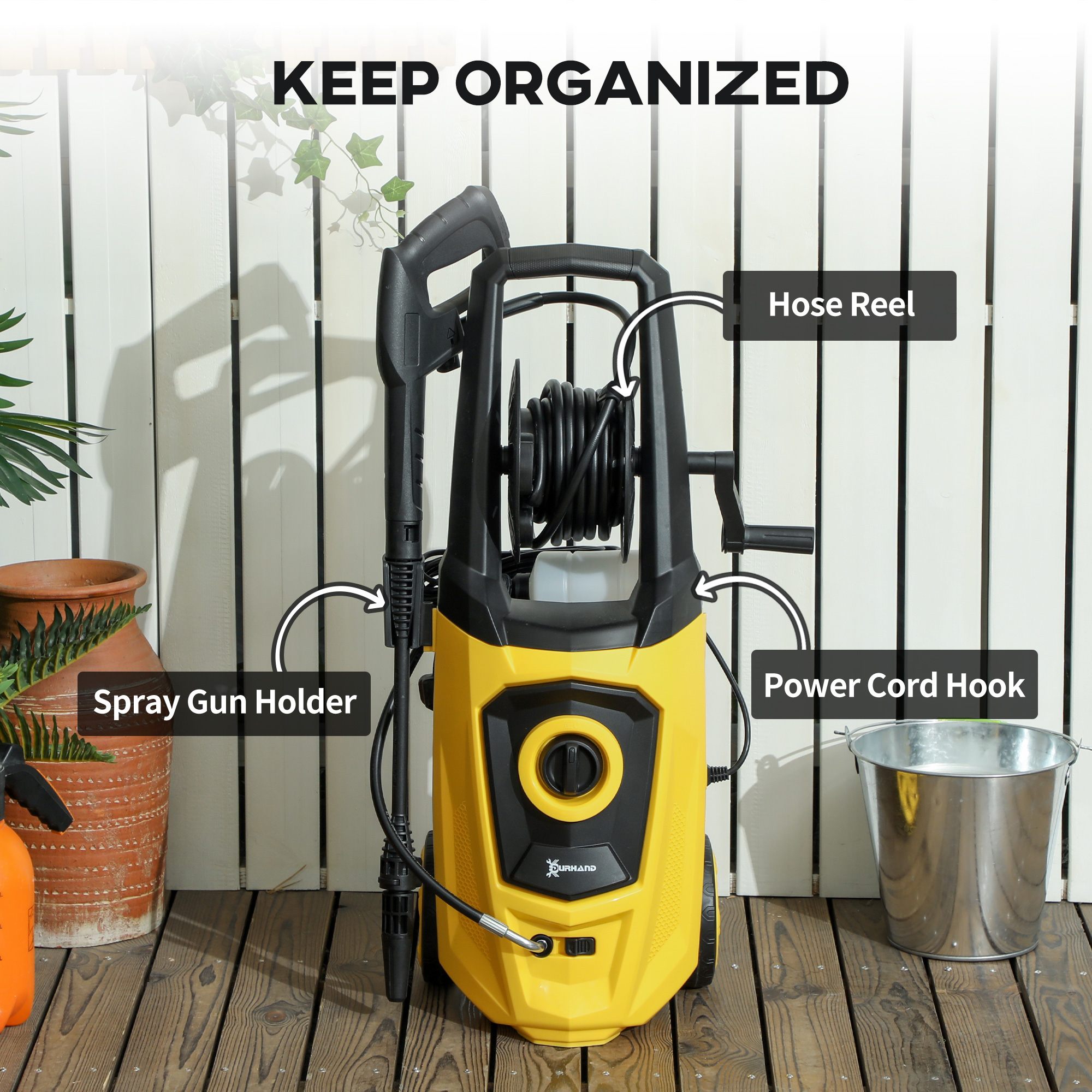 DURHAND 1800W High Pressure Washer, 150 Bar Pressure, 510 L/h Flow, High-Performance Portable Power Washer Jet Wash Cleaner with 6M Hose and Hose Reel for Garden, Car, Furniture, Yellow 7