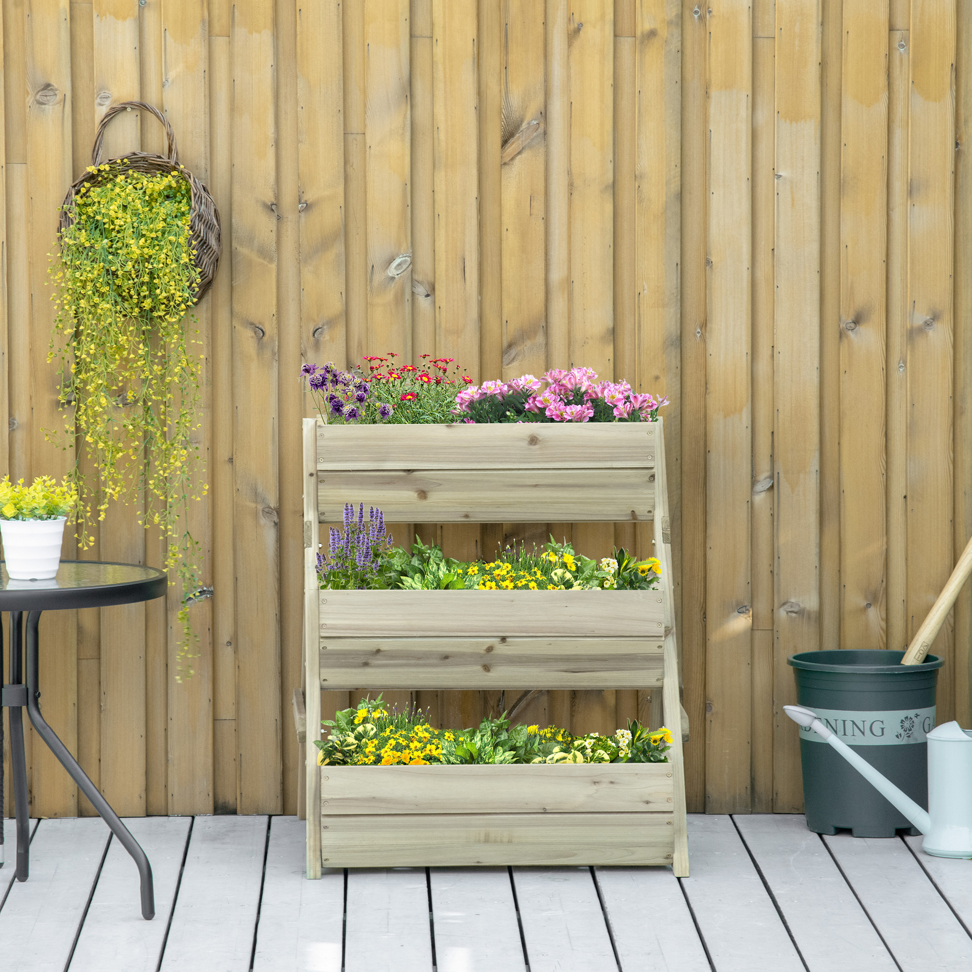 Outsunny 3 Tier Raised Garden Bed Wooden Elevated Planter Box Kit, 66L for Flower, Vegetable, Herb, 65x75x78cm, Green 7