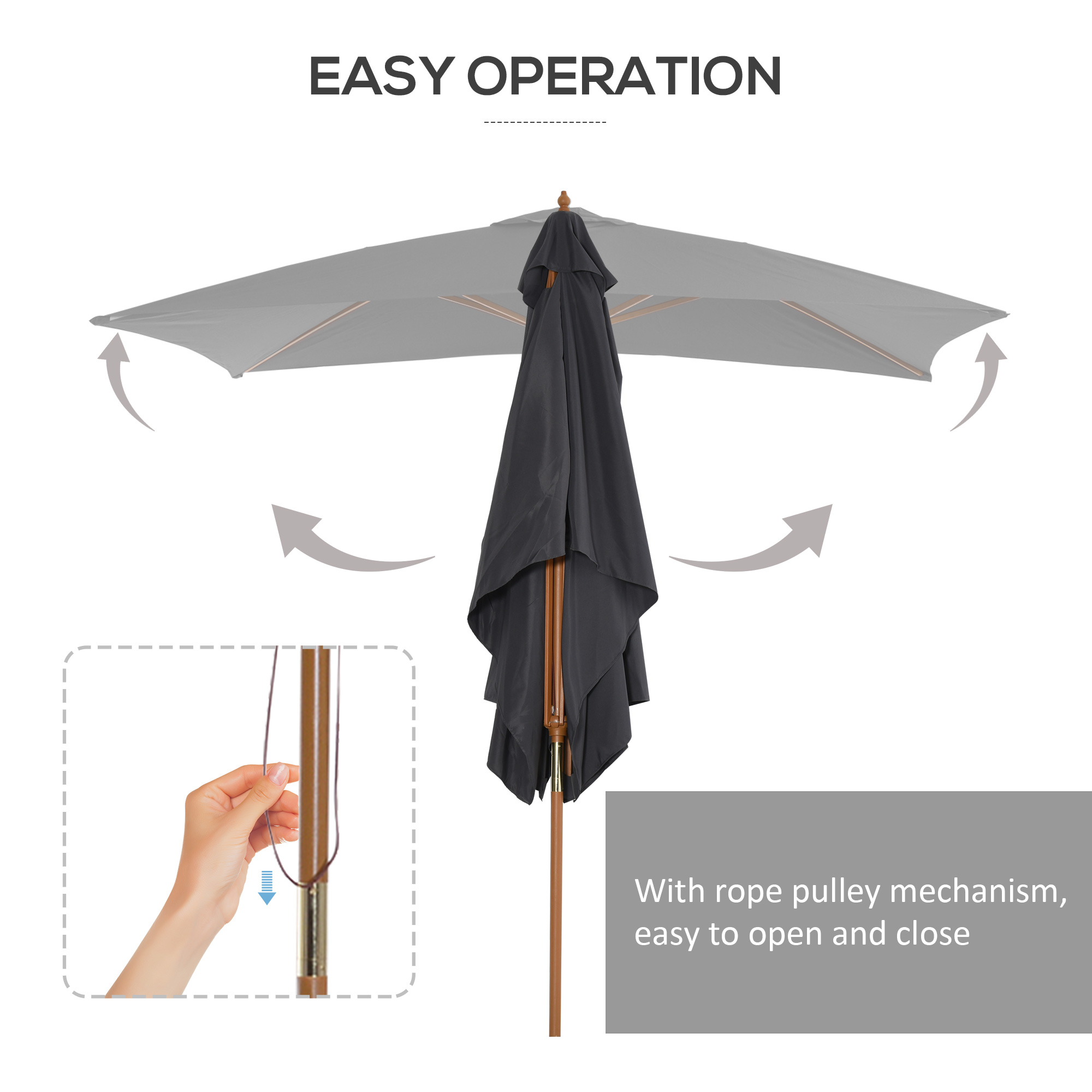 Outsunny 2 x 3m Wooden Garden Parasol Umbrella Outdoor Sun Shade Canopy, Dark Grey 6