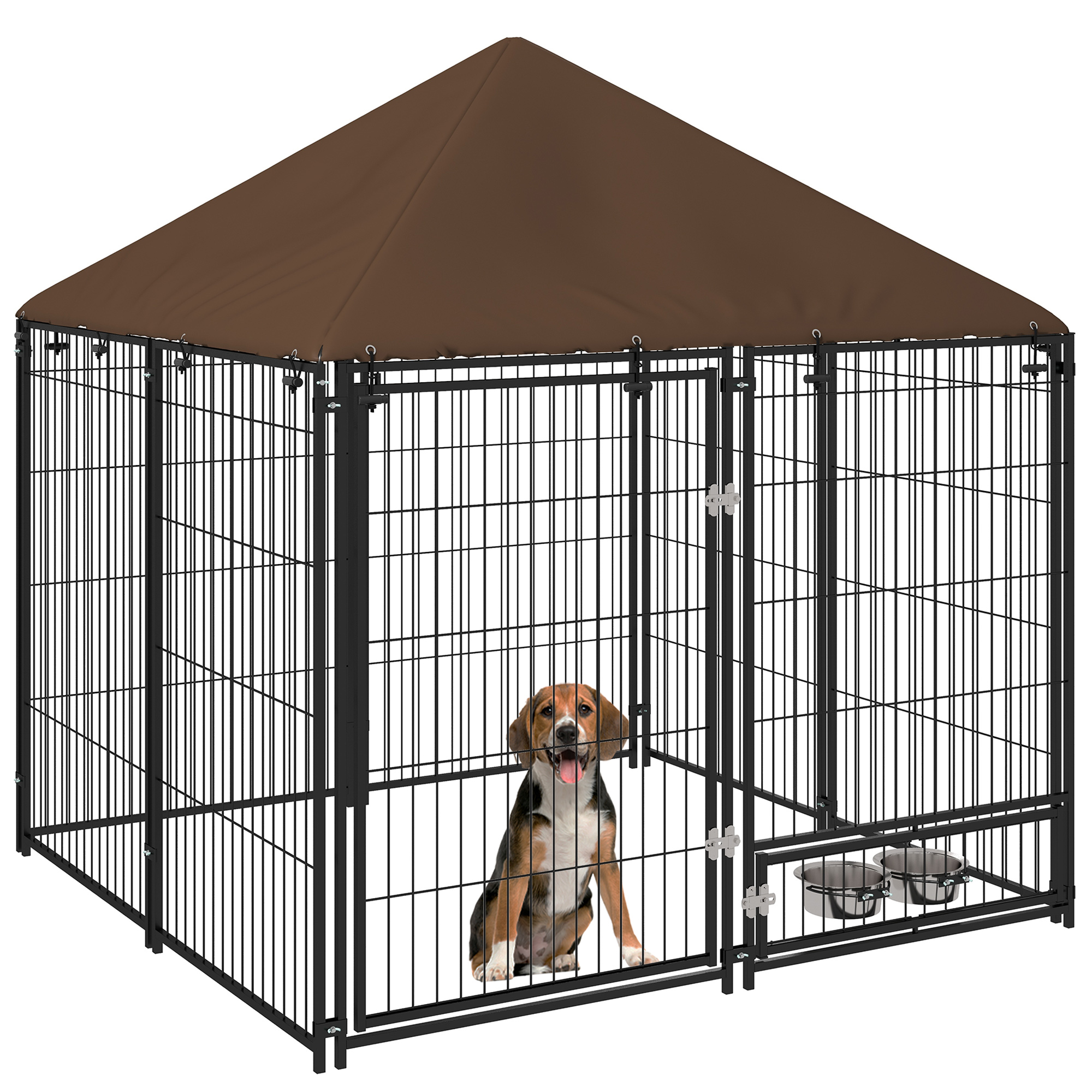 Chenil extérieur pour chiens en métal et tissu oxford avec support gamelle et toit résistant aux intempéries espace spacieux 141L x 141l x 151H cm noir