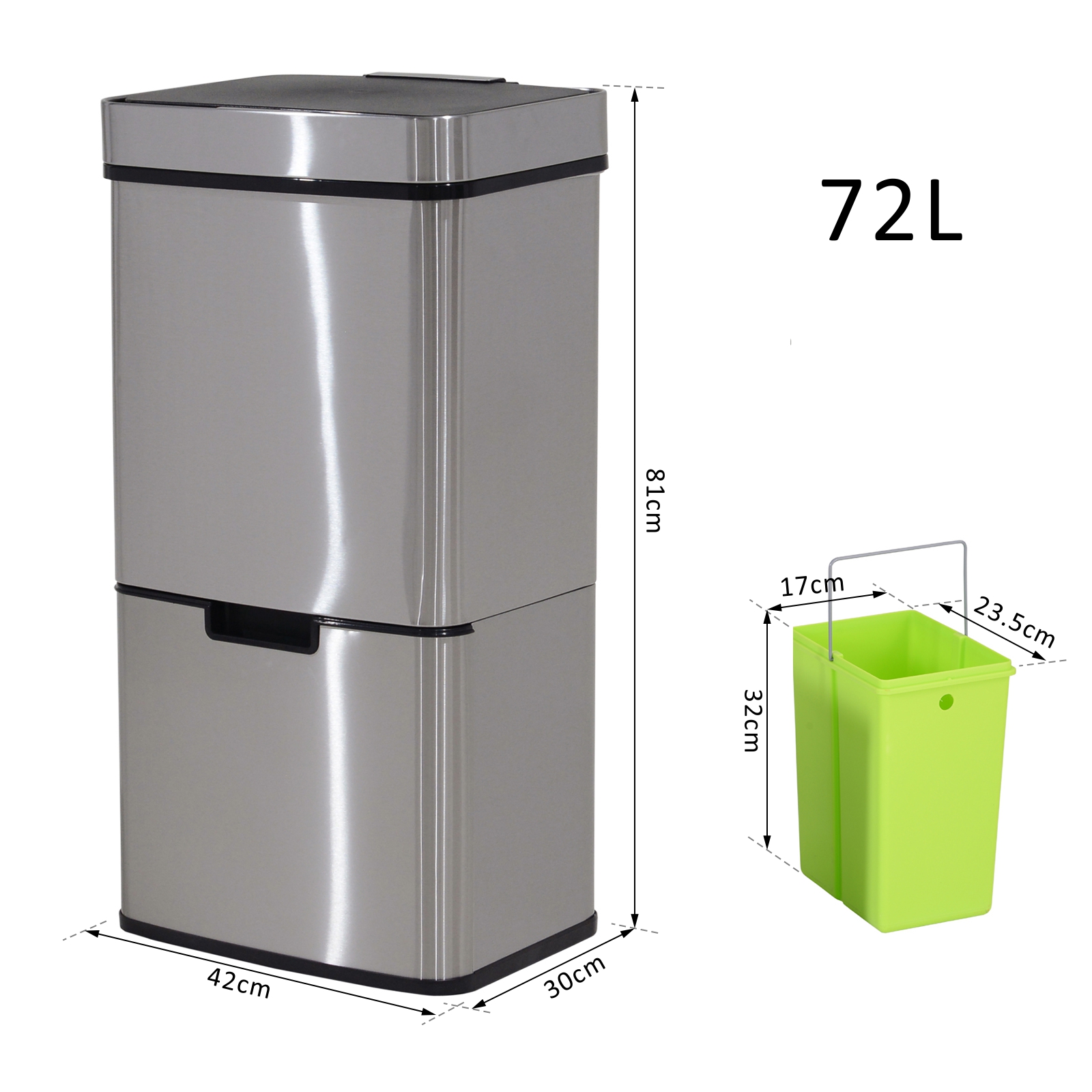 HOMCOM 72L Recycling Sensor Bin Stainless Steel 3 Compartments For Both Wet/Dry Waste w/Removable Lid  Kitchen Home 3
