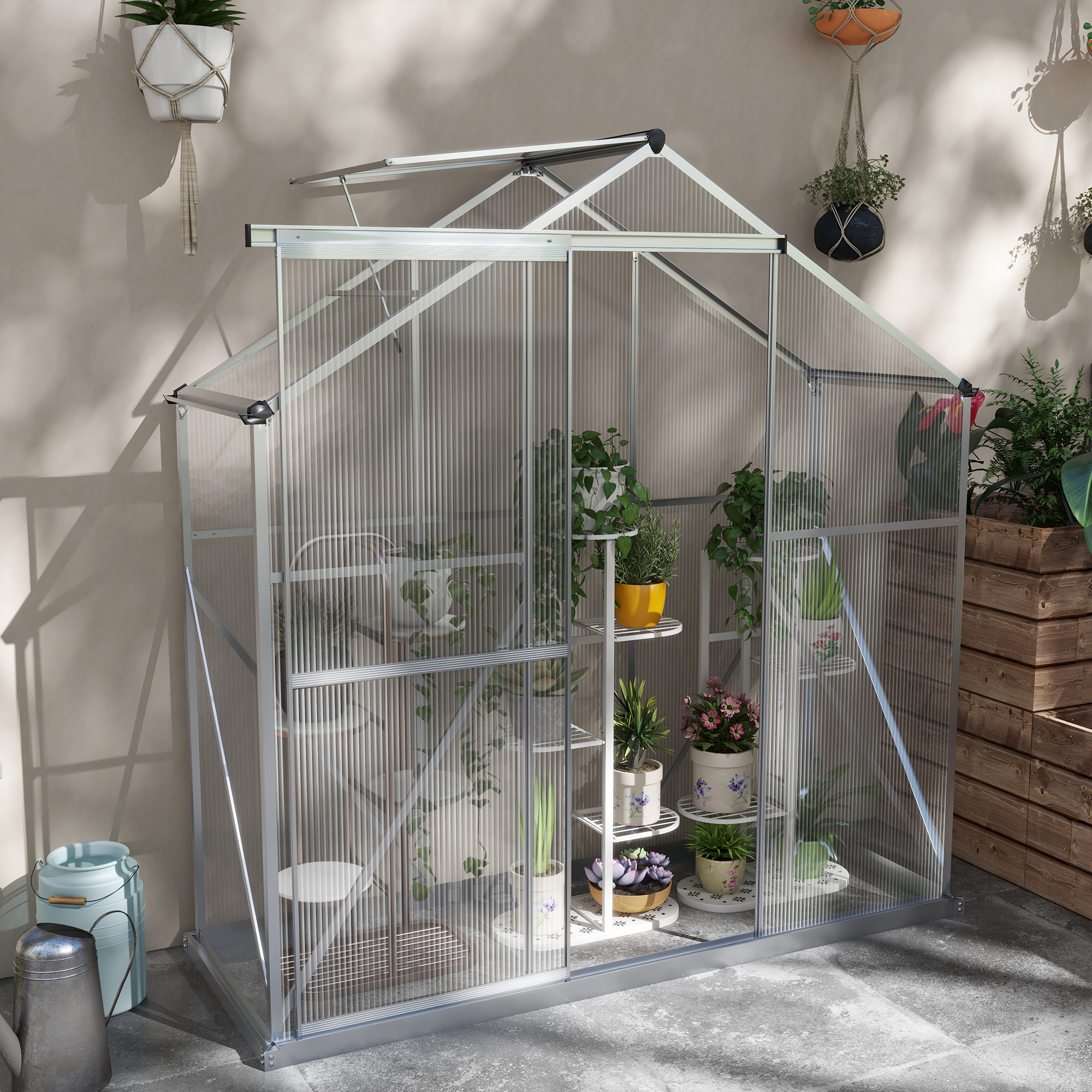 Outsunny 6 x 2.5ft Polycarbonate Greenhouse Walk-In Green House with Rain Gutter, Sliding Door, Window, Foundation, Silver 2