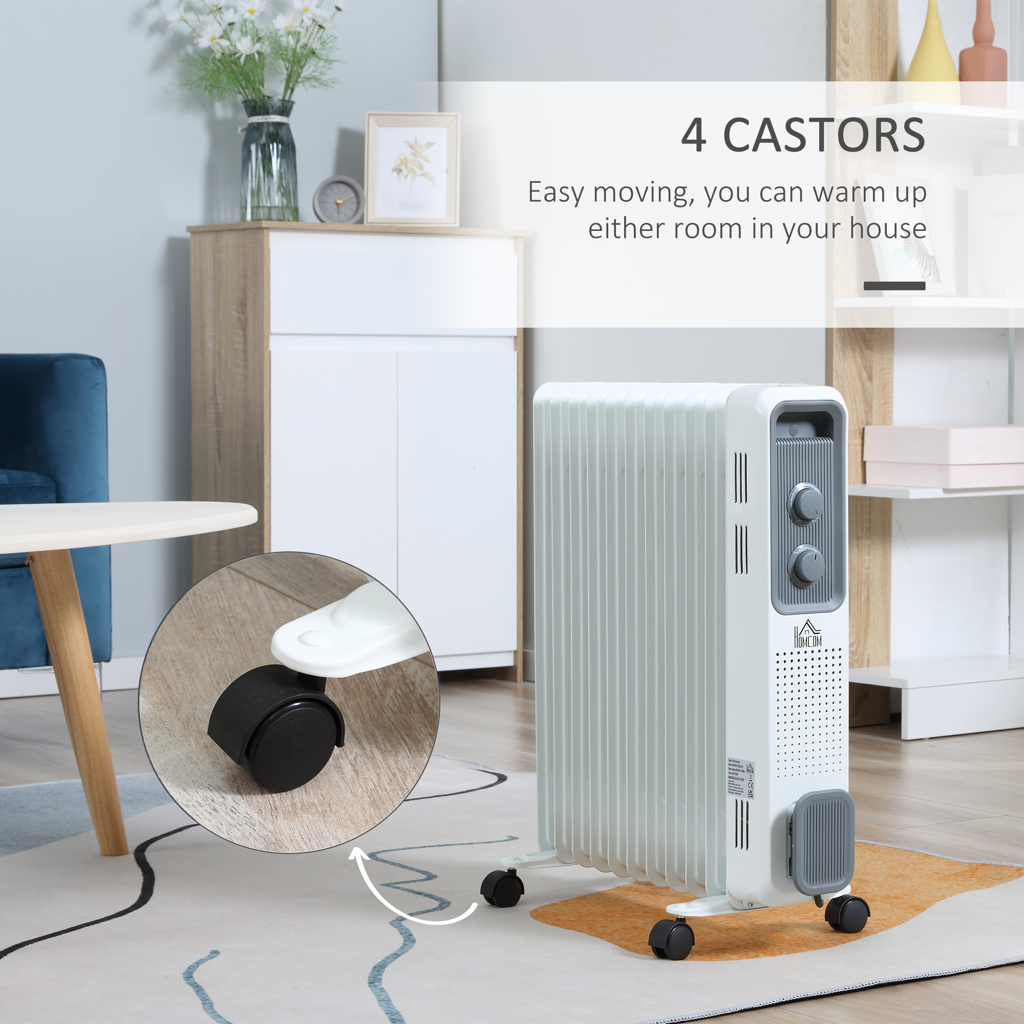 HOMCOM 2500W Oil Filled Radiator, 11 Fin, Portable Electric Heater with 3 Heat Settings, Safety Cut-Off and Wheels, White 6
