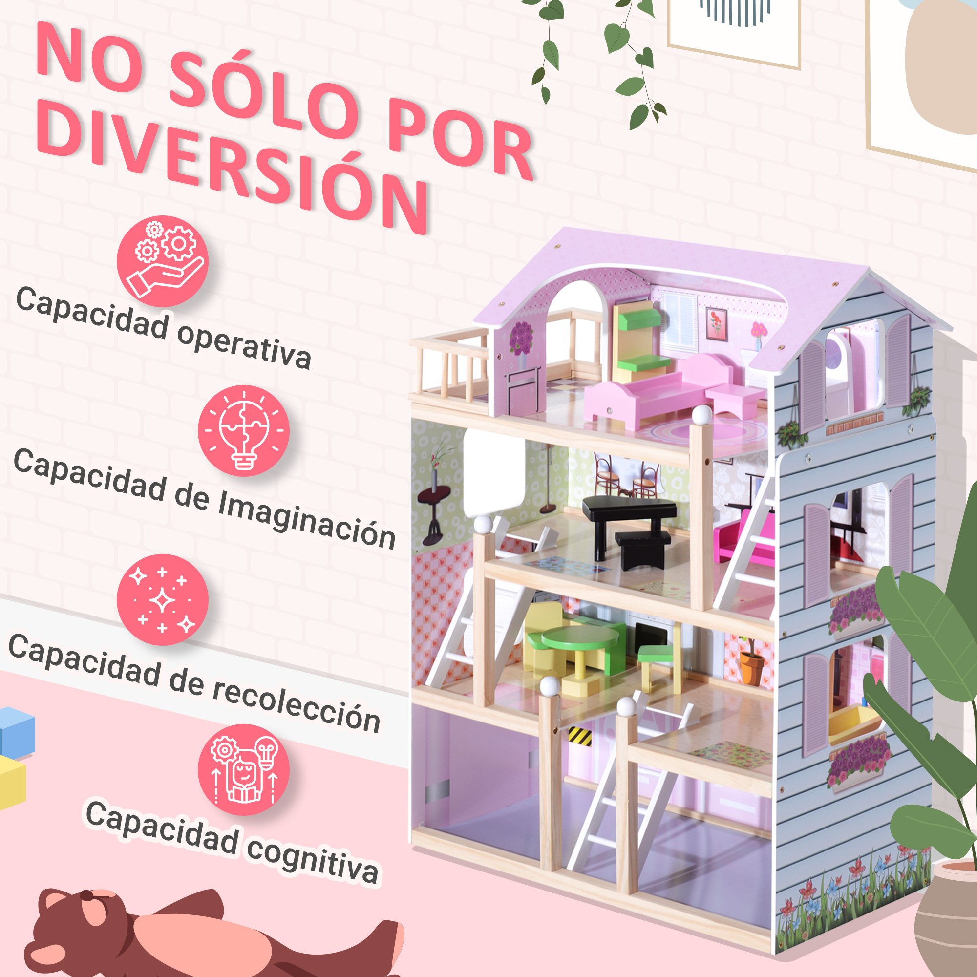 HOMCOM Casa De Muñecas De Madera De 4 Pisos – 13 Muebles Incluidos, 80,5 Cm De Alto, Rosa, Con Balcón