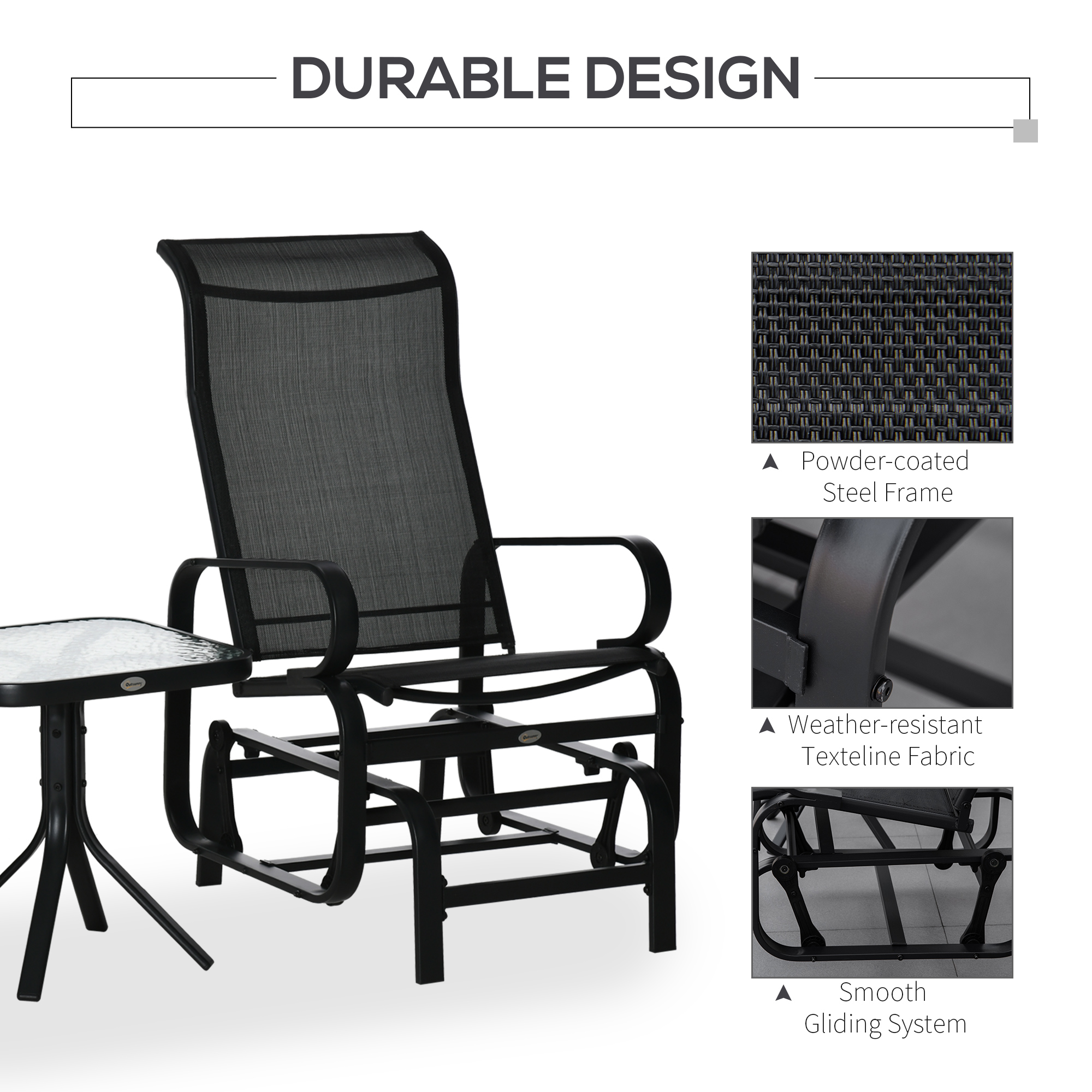 Outsunny 3 Pieces Garden Gliding Chair Set, Metal Frame 2 Single Armchair Swing Seater and 1 Glass Top Coffee Table w/ Breath Mesh Fabric Seat, Black 5