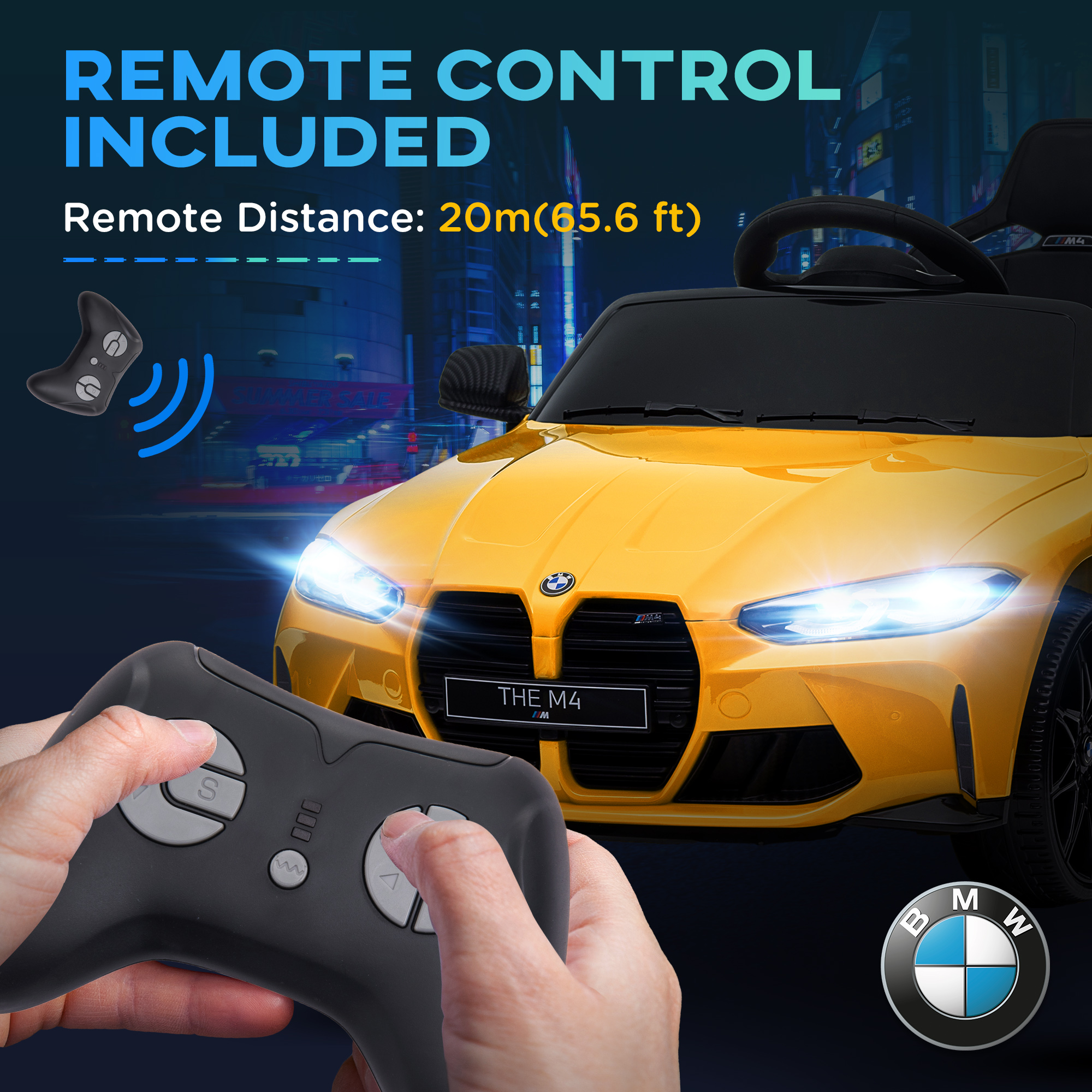 AIYAPLAY 12V BMW M4 Licensed Kids Car with Easy Transport, Remote Control, Suspension, Music, Horn, LED Lights, Yellow 8