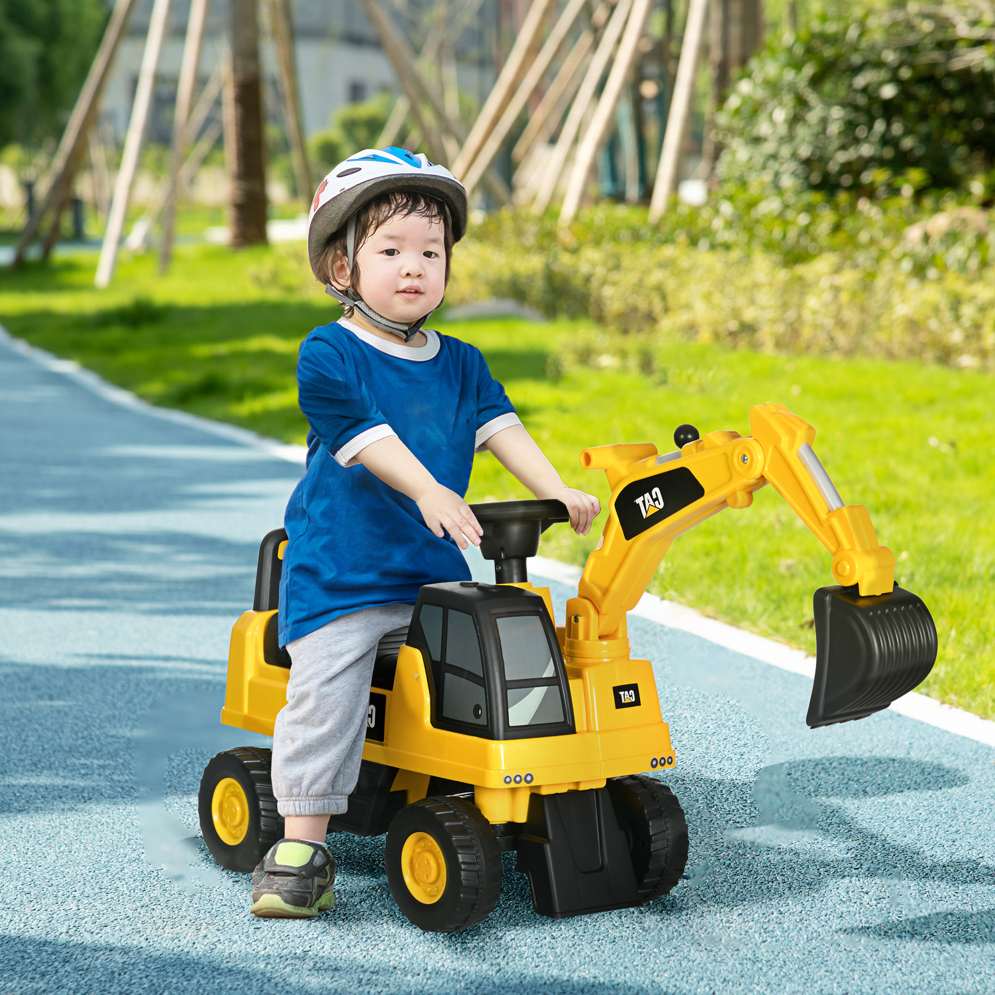 HOMCOM CAT Licensed Kids Ride on Digger Toddler Pretend Construction Play Toy Foot-To-Floor Ride-On Toy w/ Manual Shovel, Horn, Hidden Storage, for Ages 1-3 Years 2