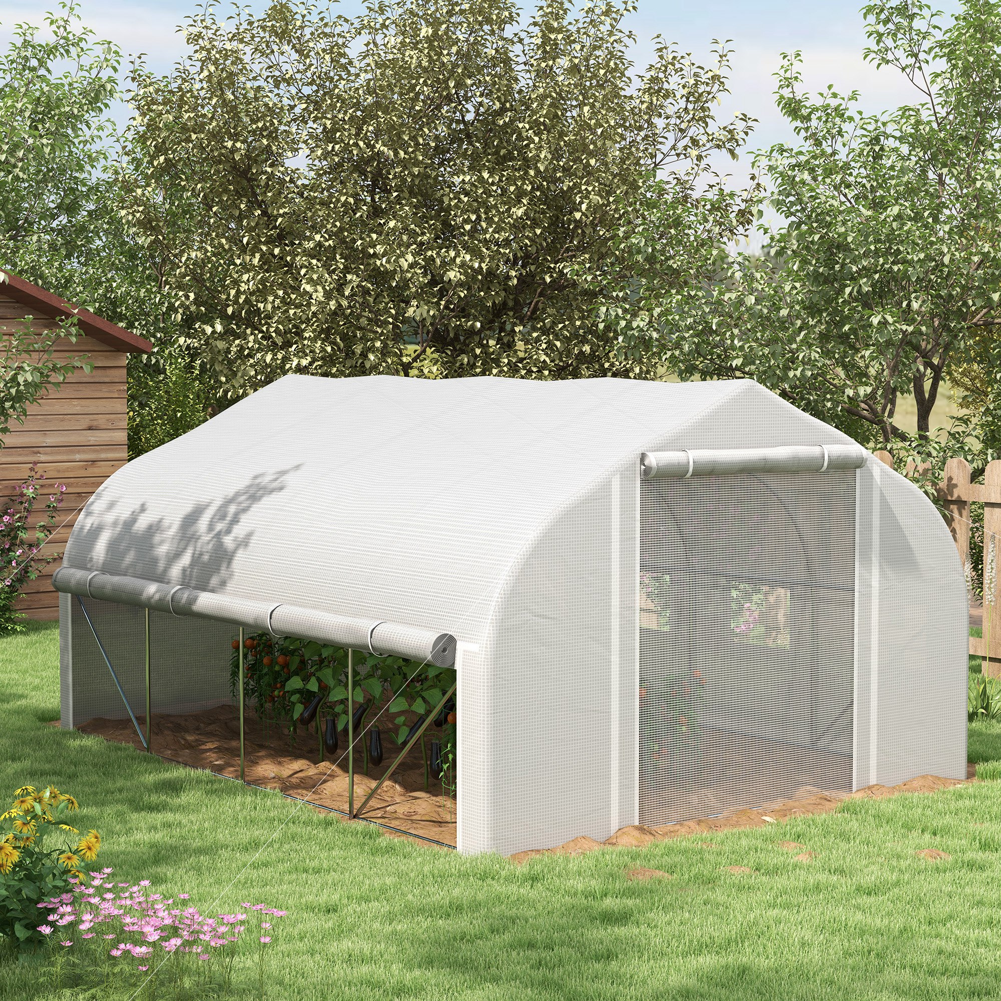 Outsunny 4 x 3(m) Walk-in Polytunnel Greenhouse, Zipped Roll Up Sidewalls, Mesh Door, 8 Mesh Windows, Tunnel Warm House Tent with PE Cover, Complimentary Plant Labels and Gloves, White 2