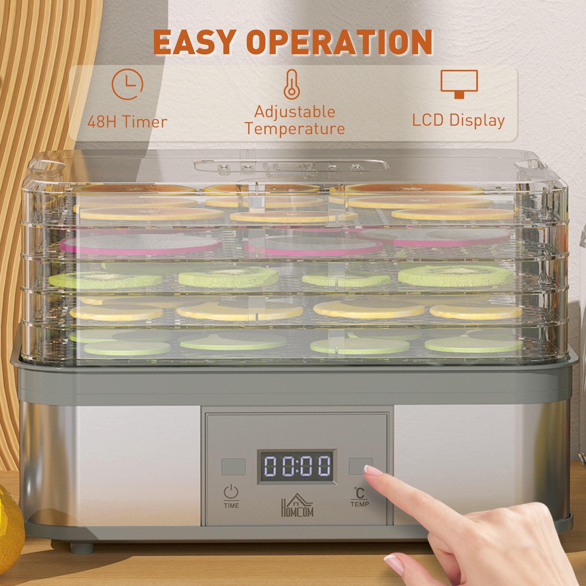HOMCOM 5 Tier Food Dehydrator, 245W Stainless Steel Food Dryer Machine with Adjustable Temperature, Timer and LCD Display for Drying Fruit, Meat, Vegetable, Jerky and Pet Treat, Grey 6
