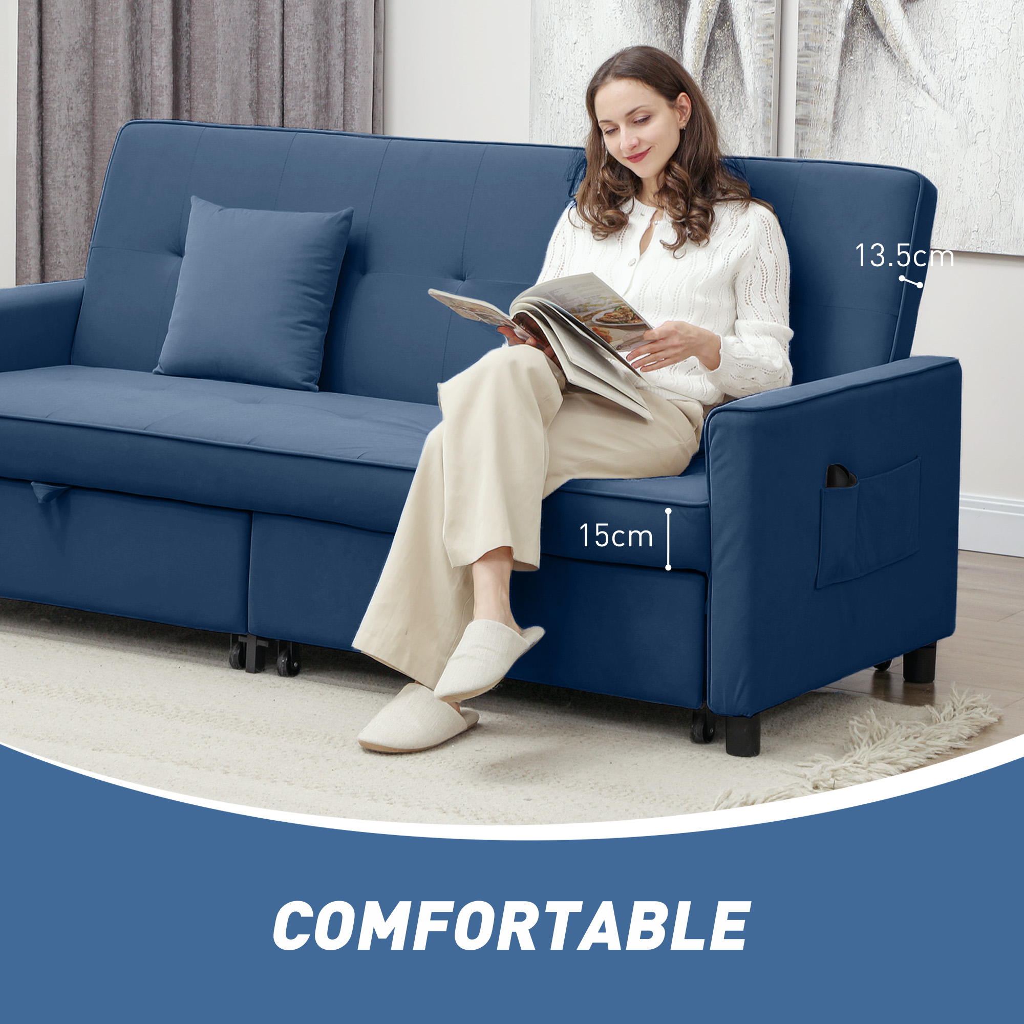 HOMCOM Three-Person Velvet-Feel Sofa Bed Blue 7