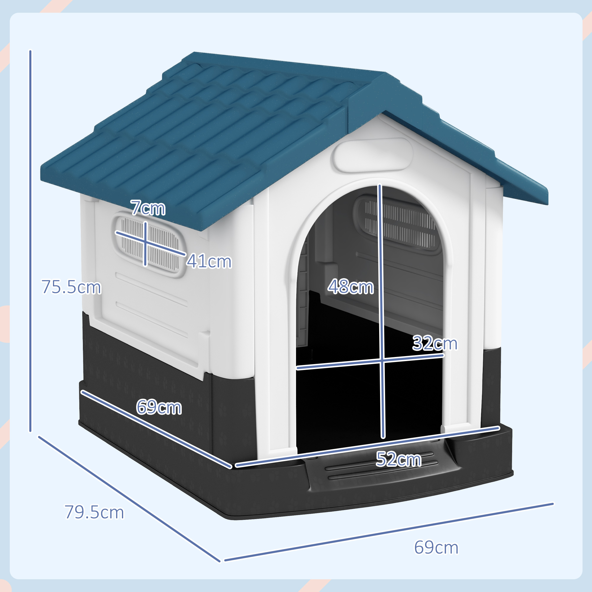 PawHut Plastic Dog Kennel with Windows, for Garden Patio, Miniature and Small Dogs, 80 x 69 x 76cm Blue 3