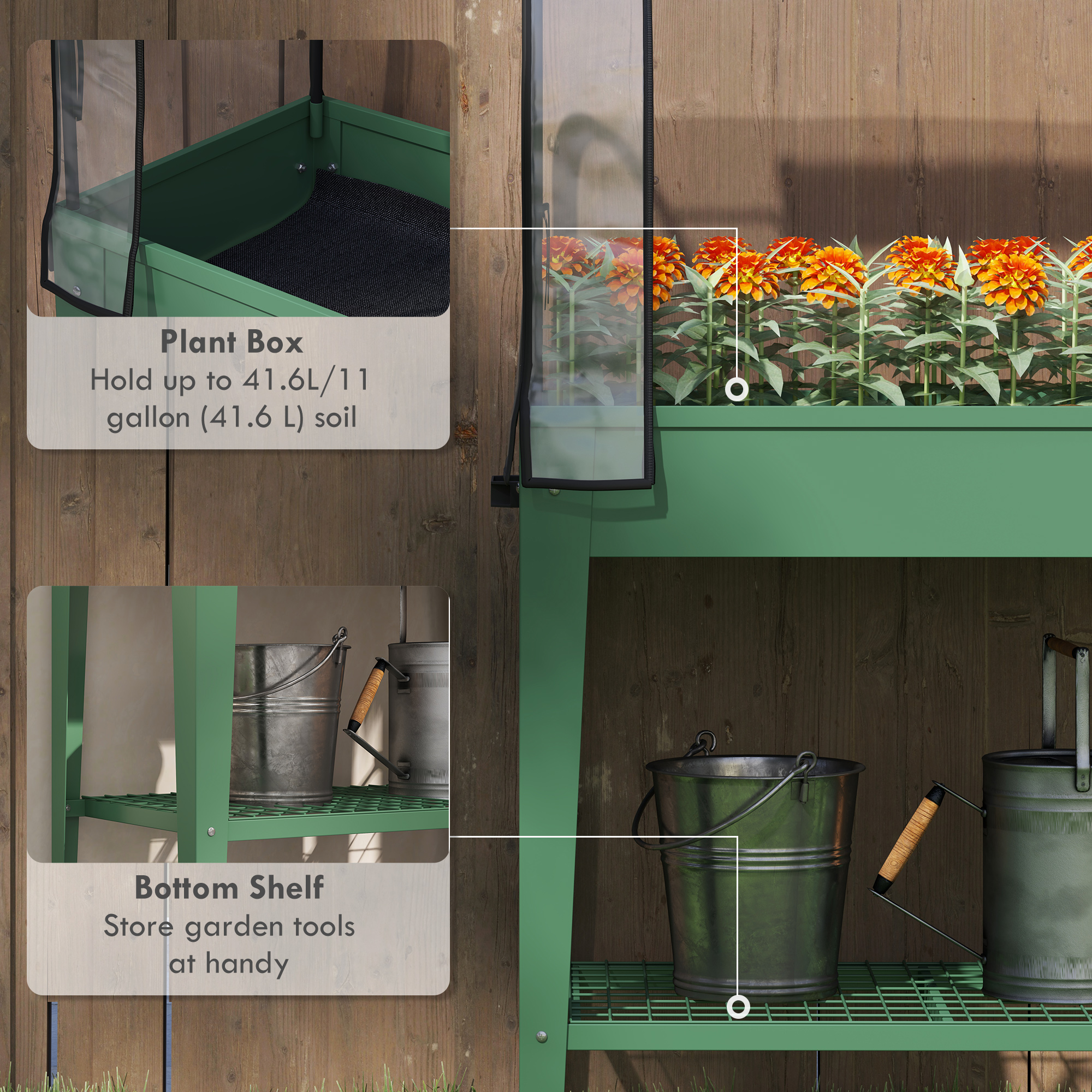Outsunny Raised Planter with Greenhouse Cover, Mobile Elevated Garden Bed with Wheels and Bottom Shelf for Vegetables, Green 5