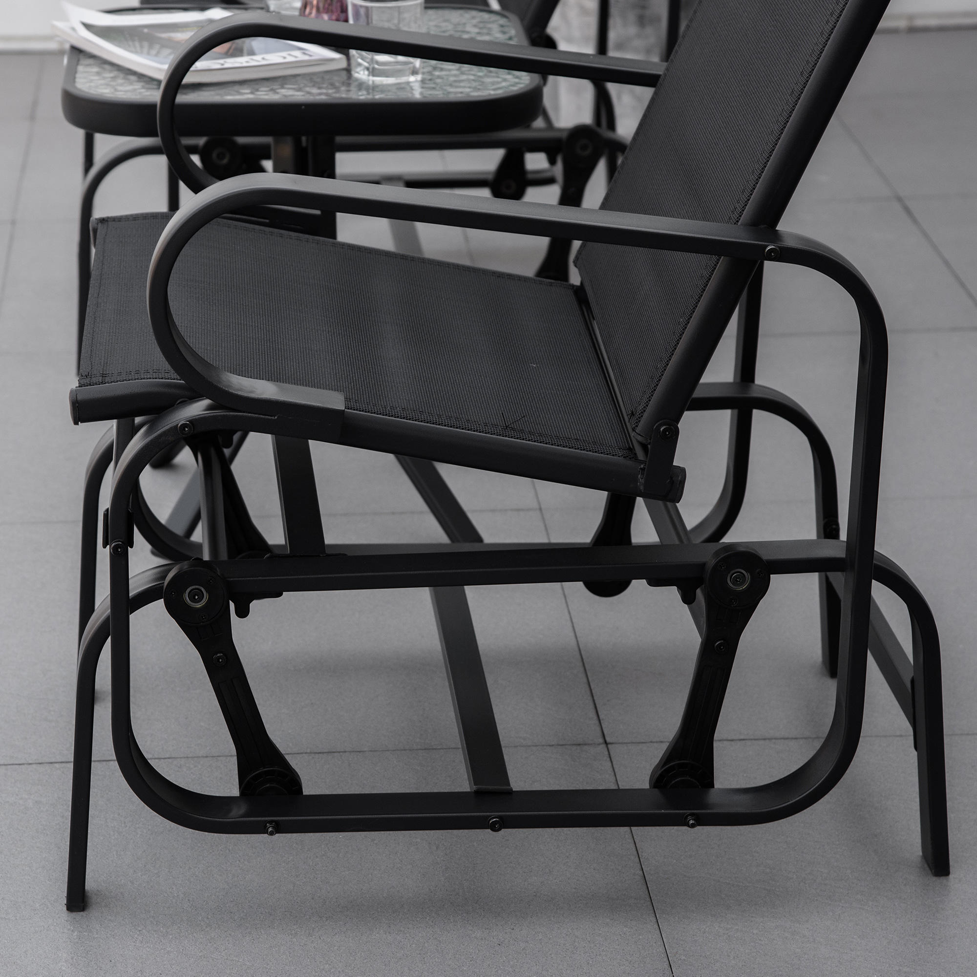 Outsunny 3 Pieces Garden Gliding Chair Set, Metal Frame 2 Single Armchair Swing Seater and 1 Glass Top Coffee Table w/ Breath Mesh Fabric Seat, Black 9