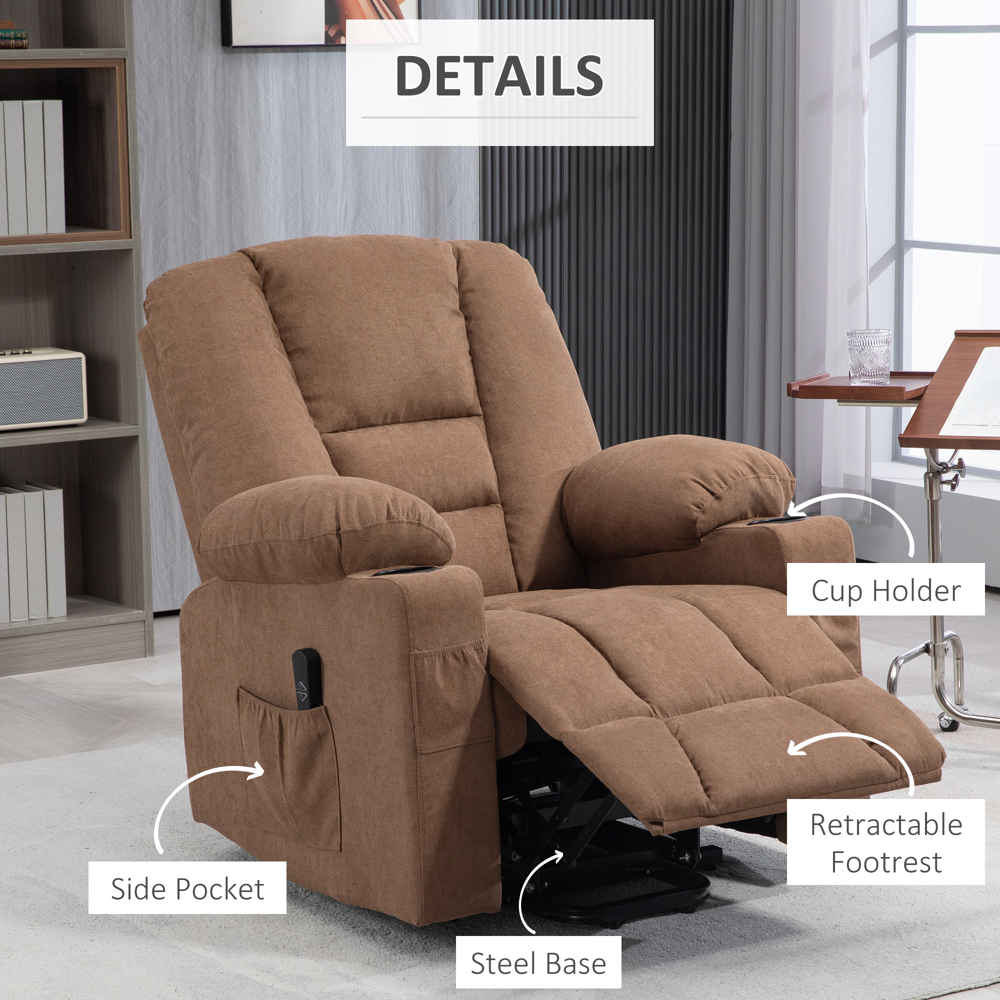 HOMCOM Oversized Riser and Recliner Chairs for the Elderly, Fabric Upholstered Lift Chair for Living Room with Remote Control, Side Pockets, Cup Holder, Brown 6