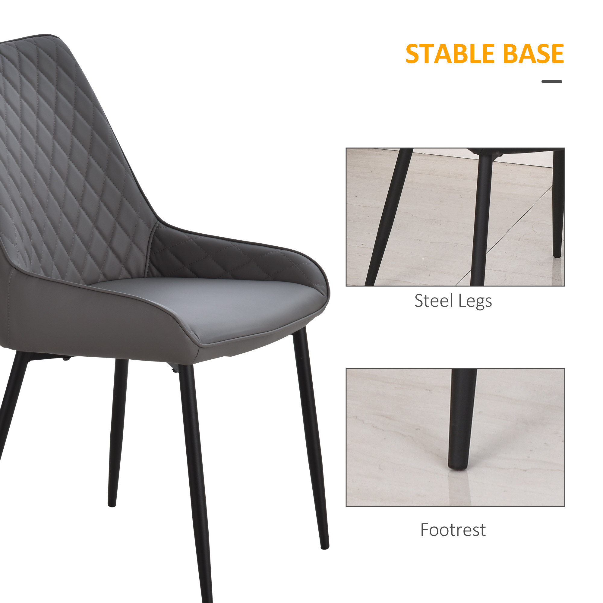 HOMCOM Set Of 2 Quilted PU Leather Dining Chairs with Metal Frame 4 Legs Foot Caps Home Seating Modern Stylish Executive Grey 7
