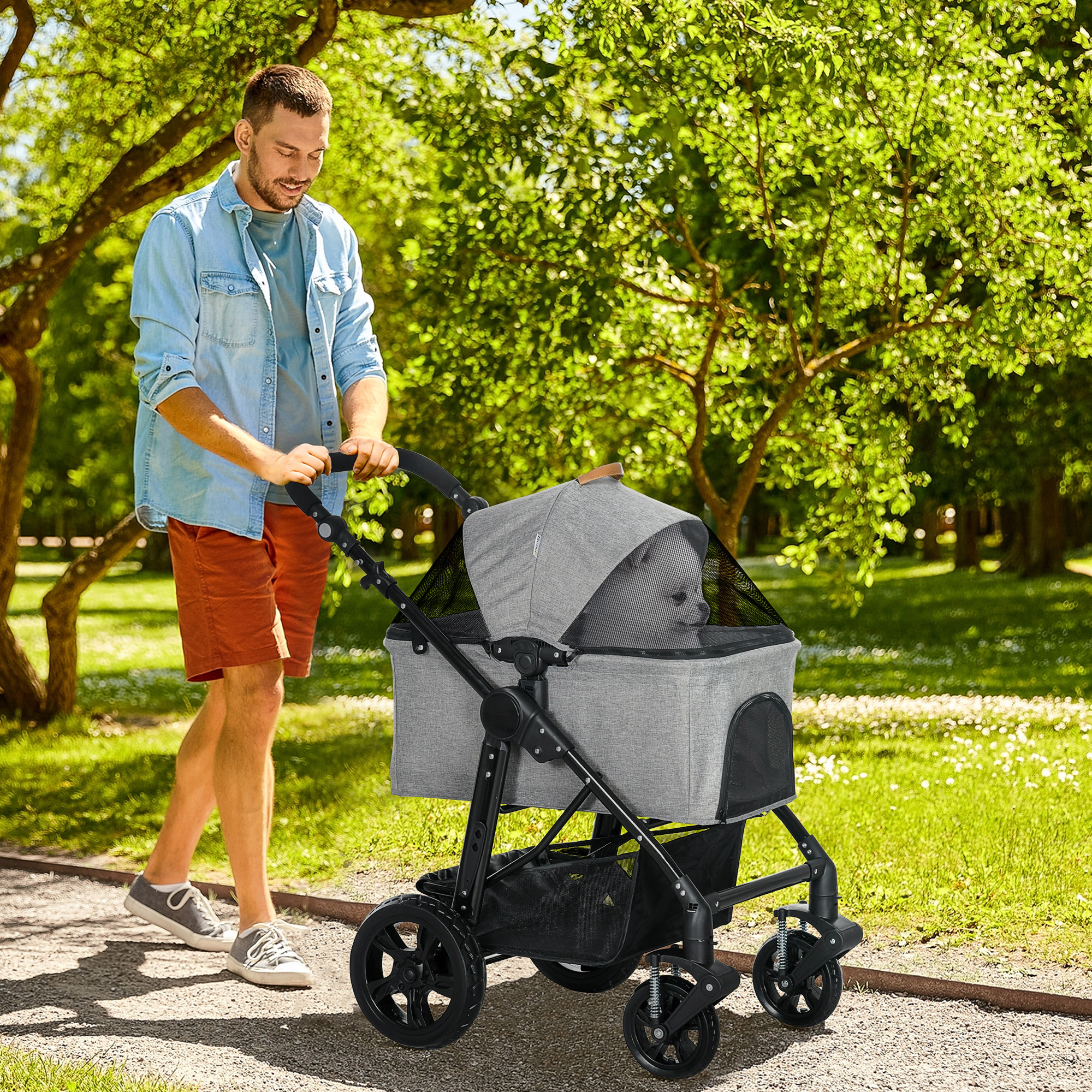 PawHut Dog Pram Pet Stroller for Small Dogs Cats, Foldable Dog Pushchair Trolley with Detachable Pet Carrier Bag, Shock Absorber, Adjustable Handlebar, Grey 2