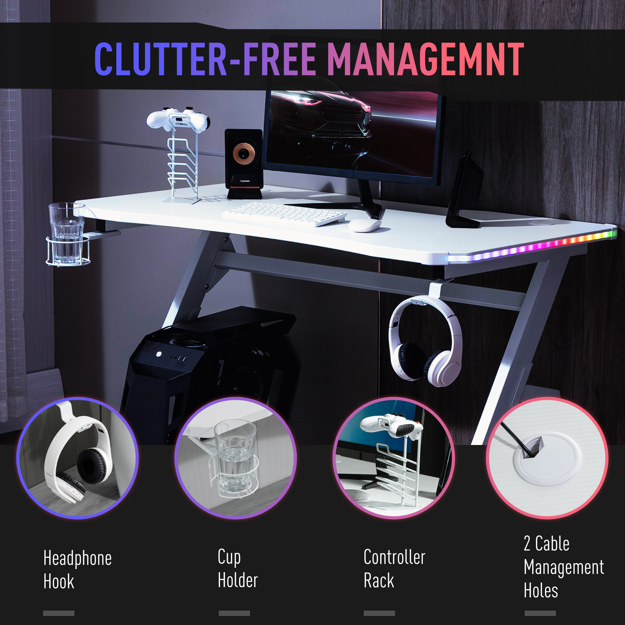 HOMCOM RGB 120 x 66cm Gaming Desk, Computer Table with Carbon Fibre Surface, Headphone Hook, Cup Holder, Controller Rack, Home Office Desk, White 6