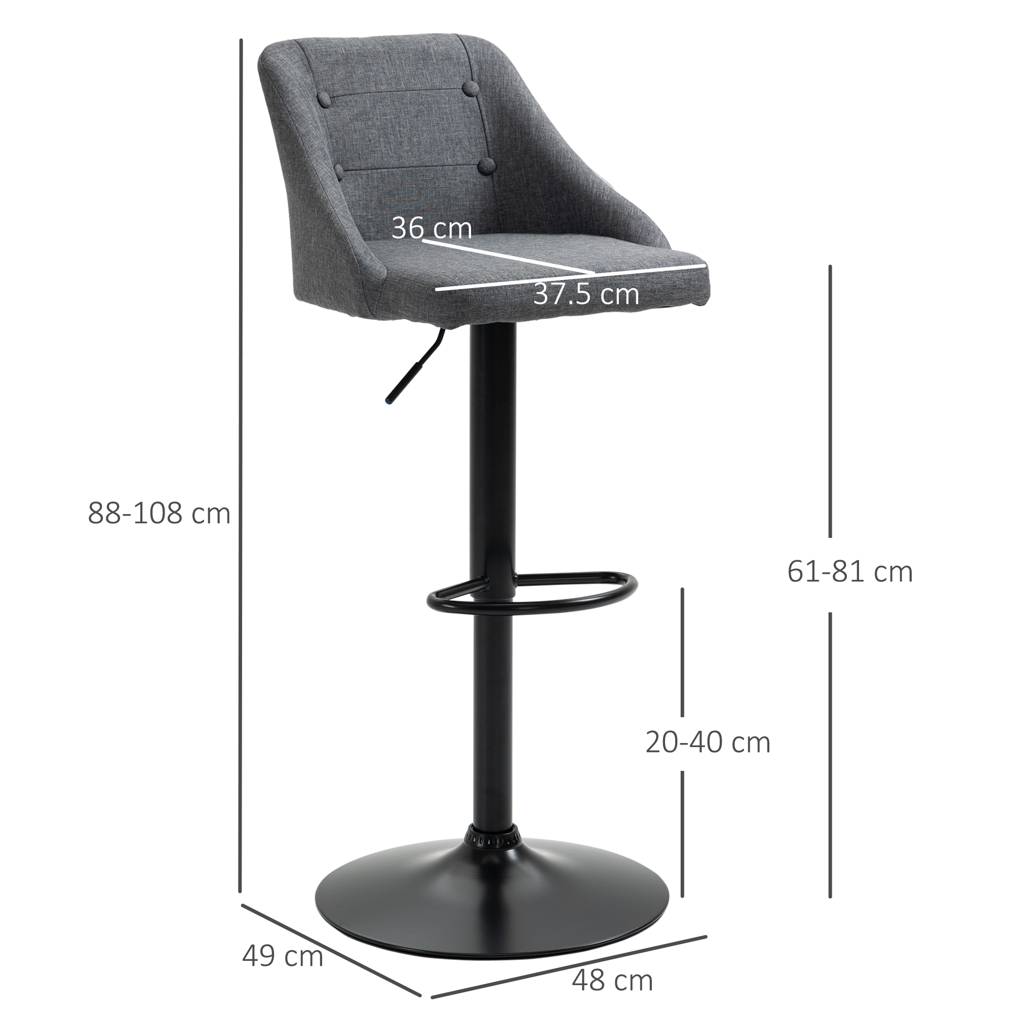 HOMCOM Modern Adjustable Bar Stools Set of 2, Swivel Fabric Barstools with Footrest, Armrests and Back, for Kitchen Counter and Dining Room, Dark Grey 3