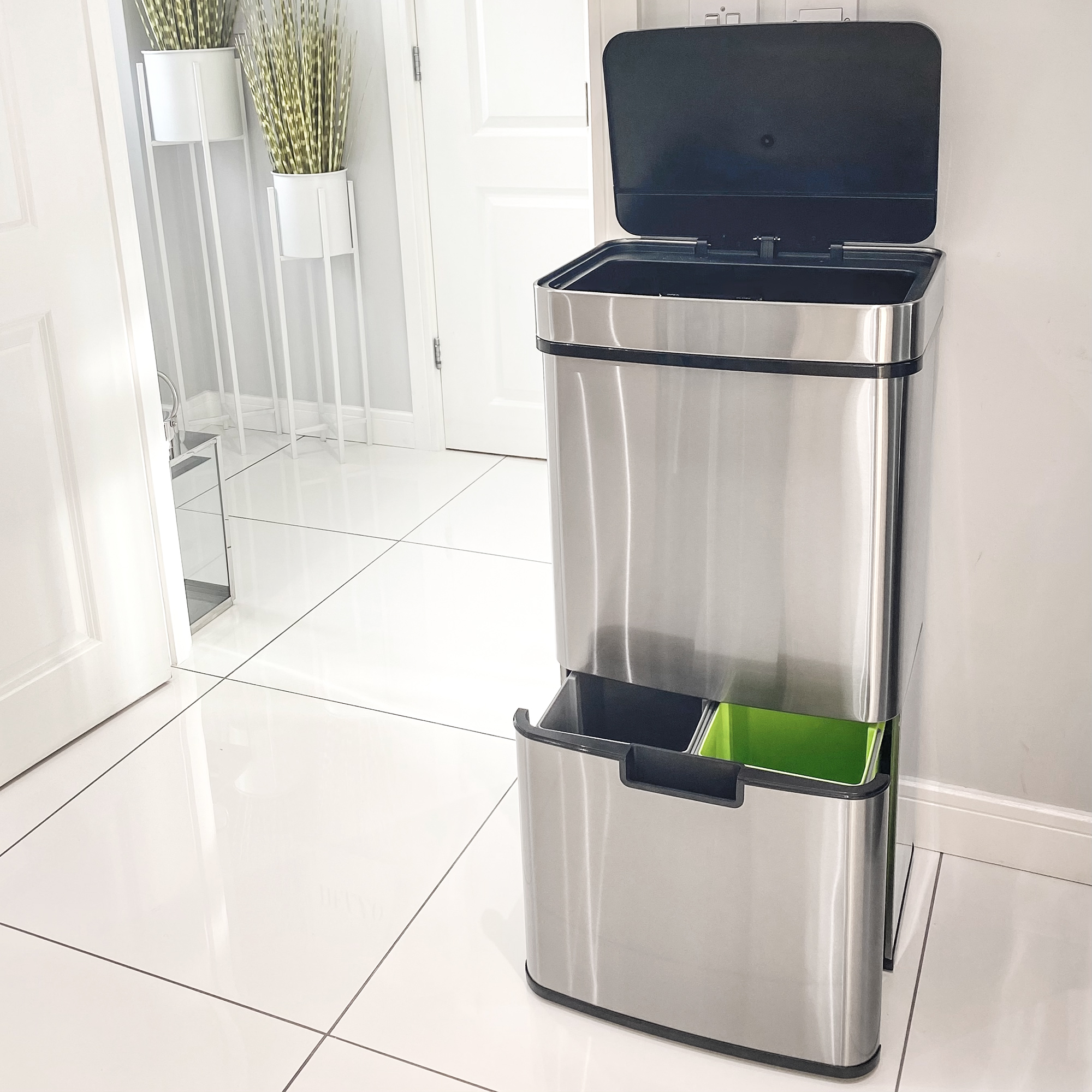 HOMCOM 72L Recycling Sensor Bin Stainless Steel 3 Compartments For Both Wet/Dry Waste w/Removable Lid  Kitchen Home 8