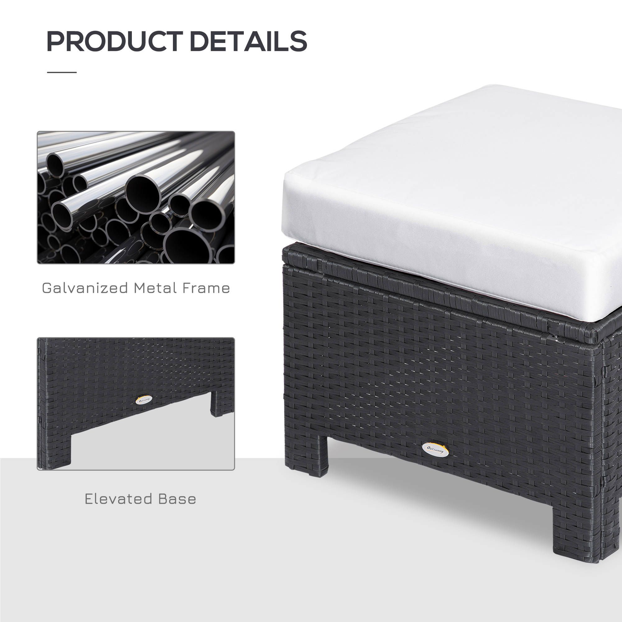 Outsunny Rattan Footstool Wicker Ottoman with Padded Seat Cushion Outdoor Patio Furniture for Garden Poolside Living Room, 50 x 50 x 35 cm, Black 7
