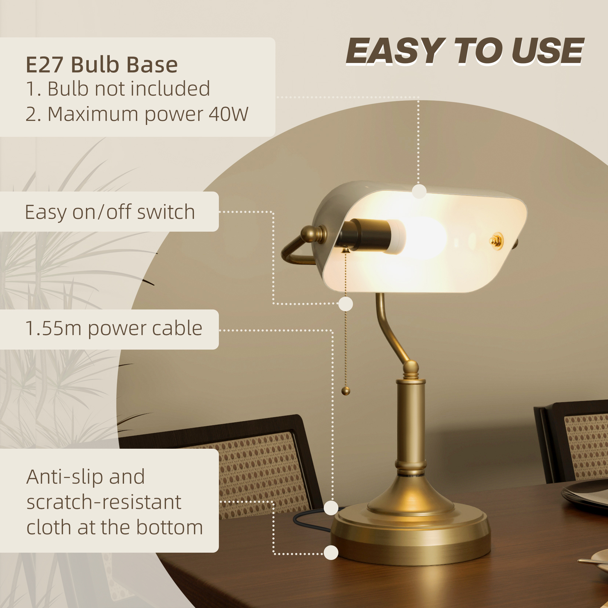 HOMCOM Banker's Desk Lamp with Antique Bronze Tone Base, Table Lamp with White Glass Shade for Home Office, White 6