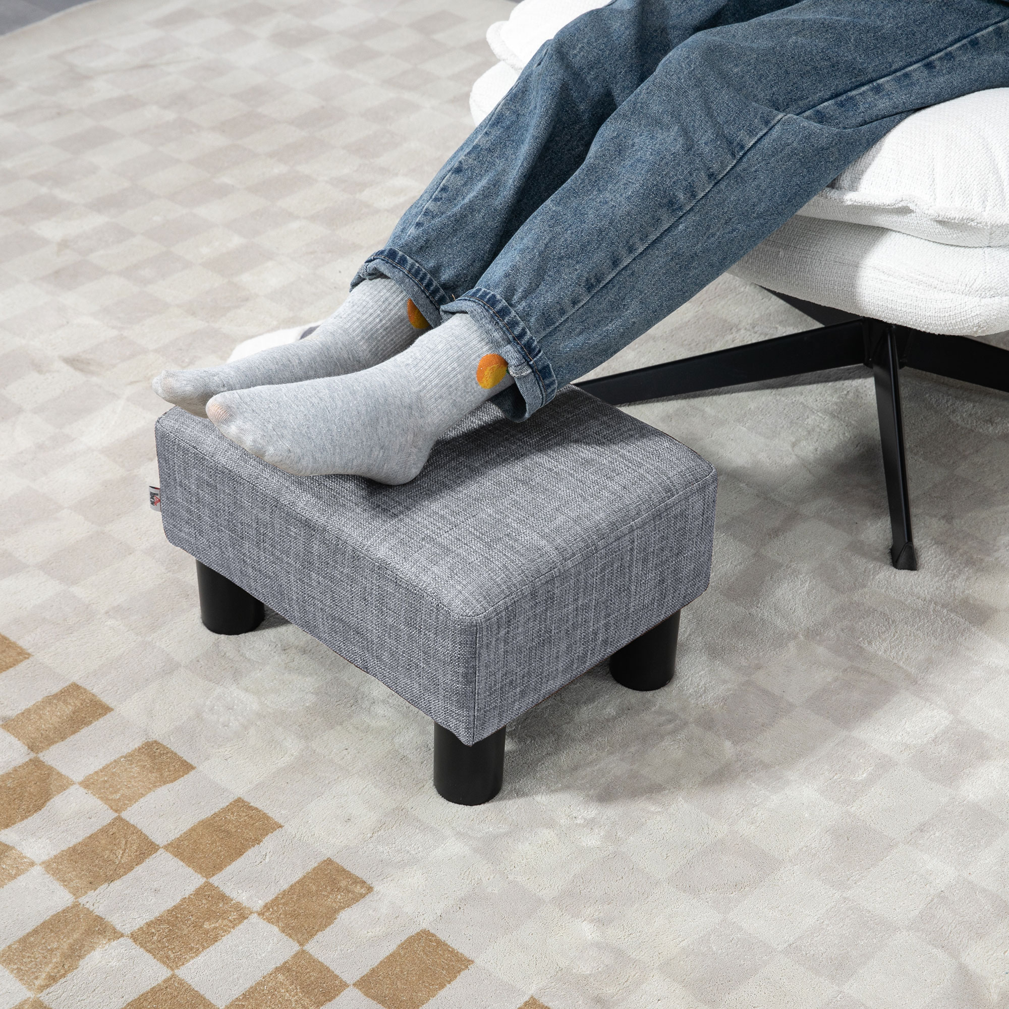 HOMCOM Linen Fabric Footstool Ottoman Cube with 4 Plastic Legs, Grey 6