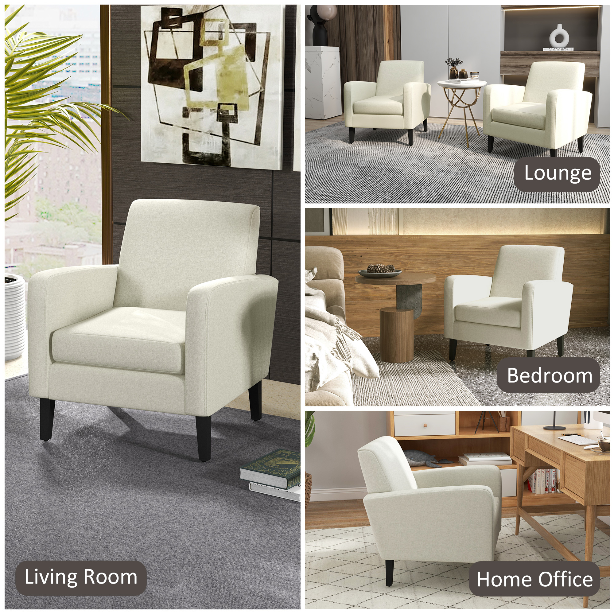 HOMCOM 2 Pieces Modern Armchairs with Rubber Wood Legs, Upholstered Accent Chairs, Single Sofa for Living Room, Bedroom, Cream White 7