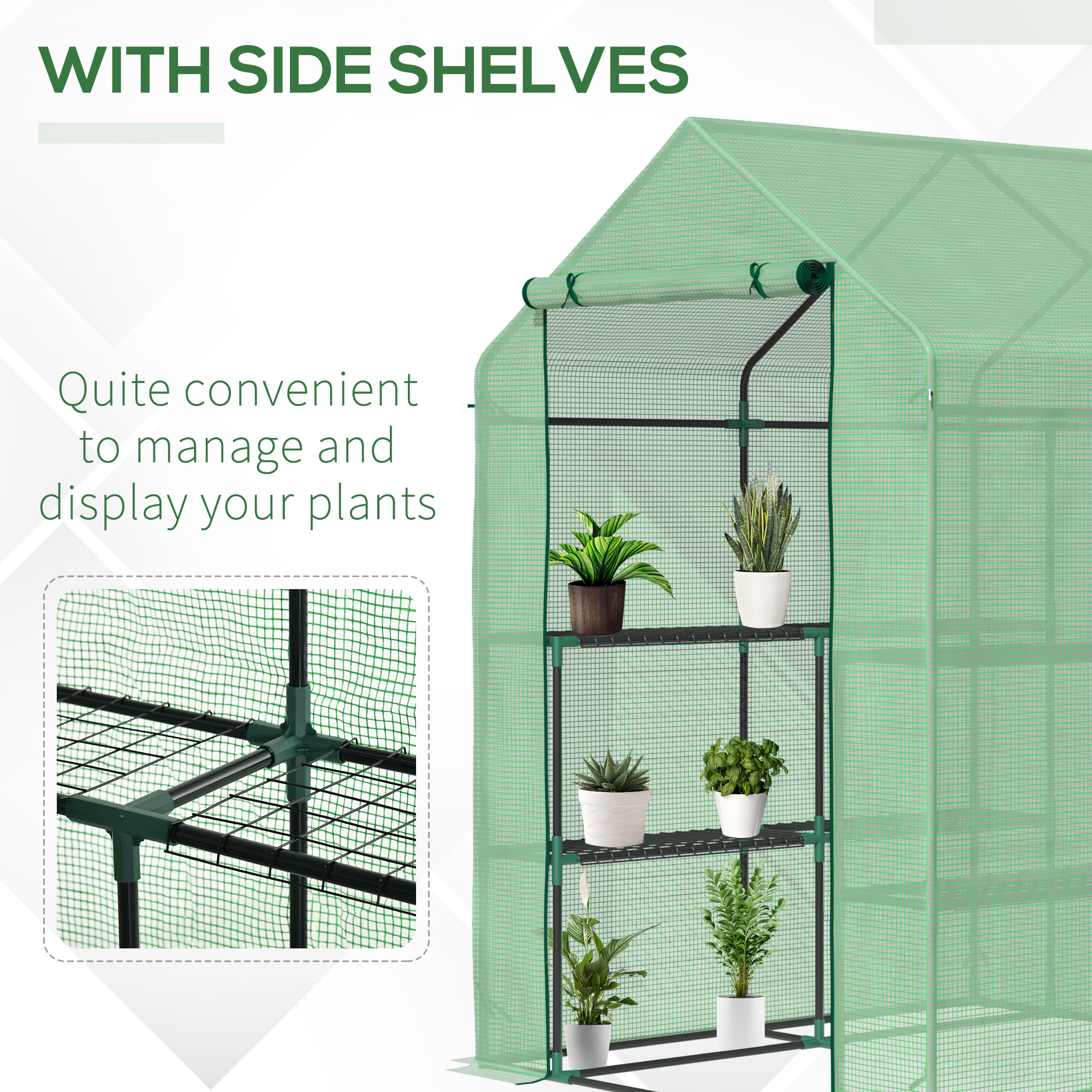 Outsunny Walk in Greenhouse with Shelves Steeple Green House for Garden Grow House Removable Cover 143x138x190cm, Green 6