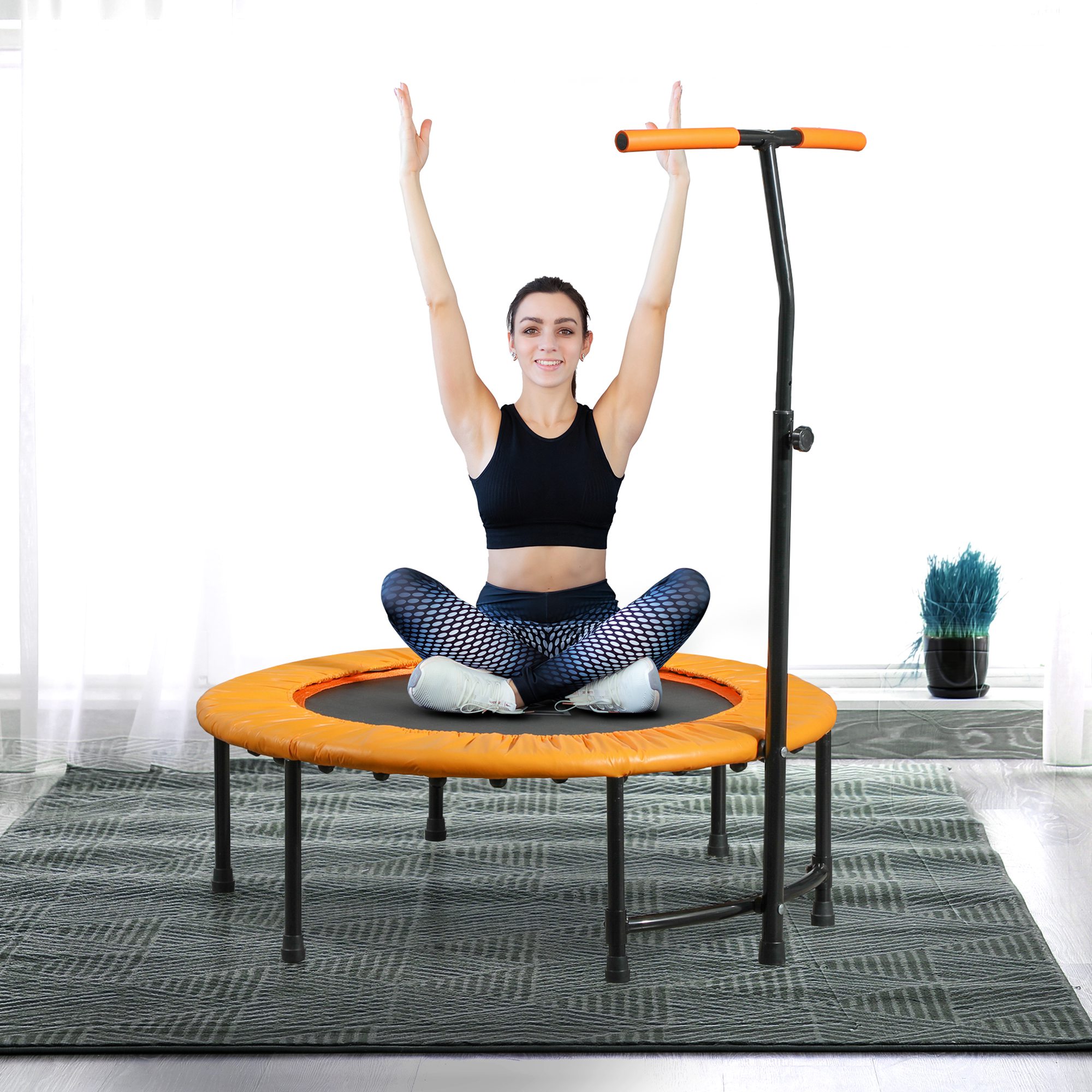 HOMCOM 40" Fitness Trampoline with Adjustable Handle, Rebounder Trampoline, Mini Jumper for Indoor Exercise Workout, Orange 2