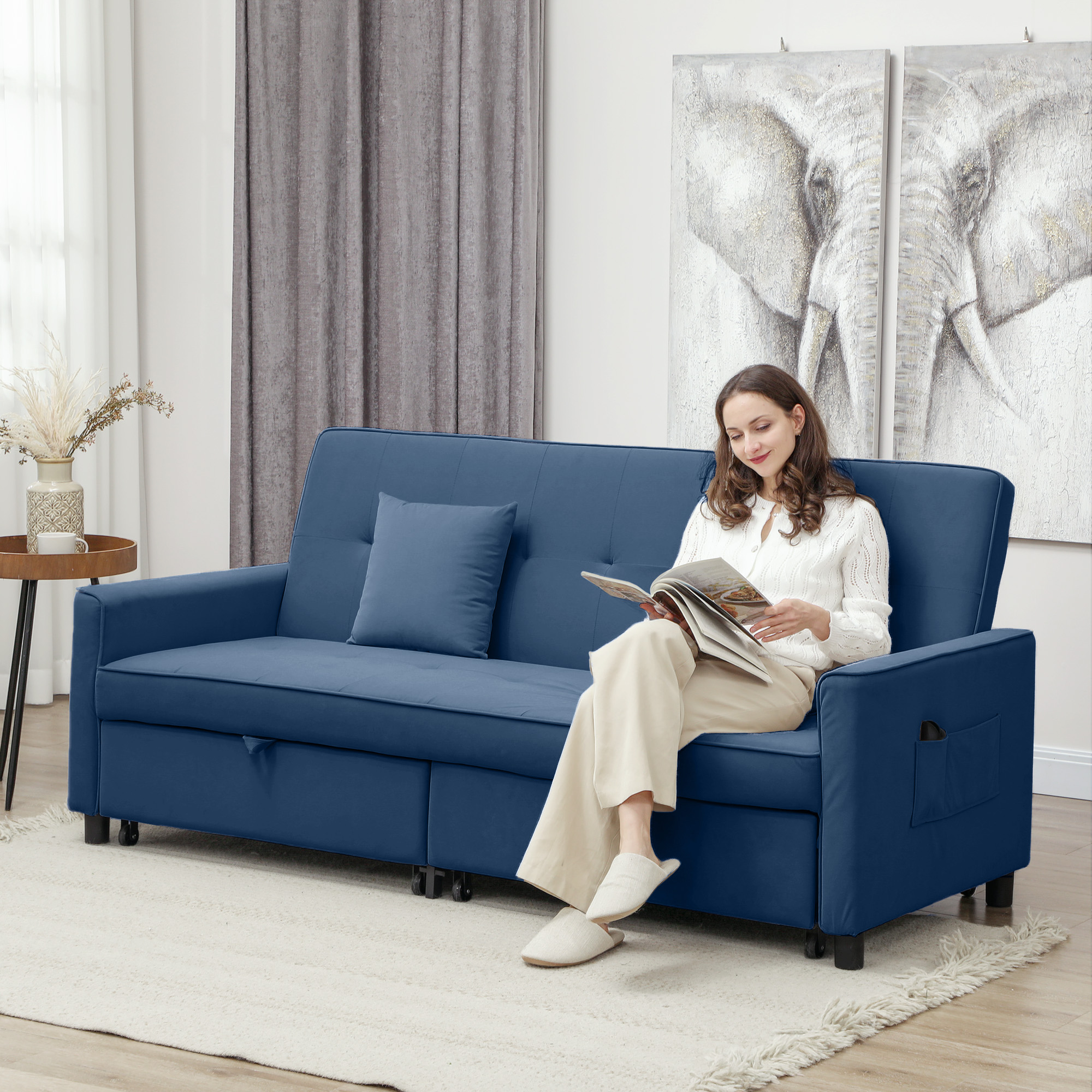 HOMCOM Three-Person Velvet-Feel Sofa Bed Blue 2