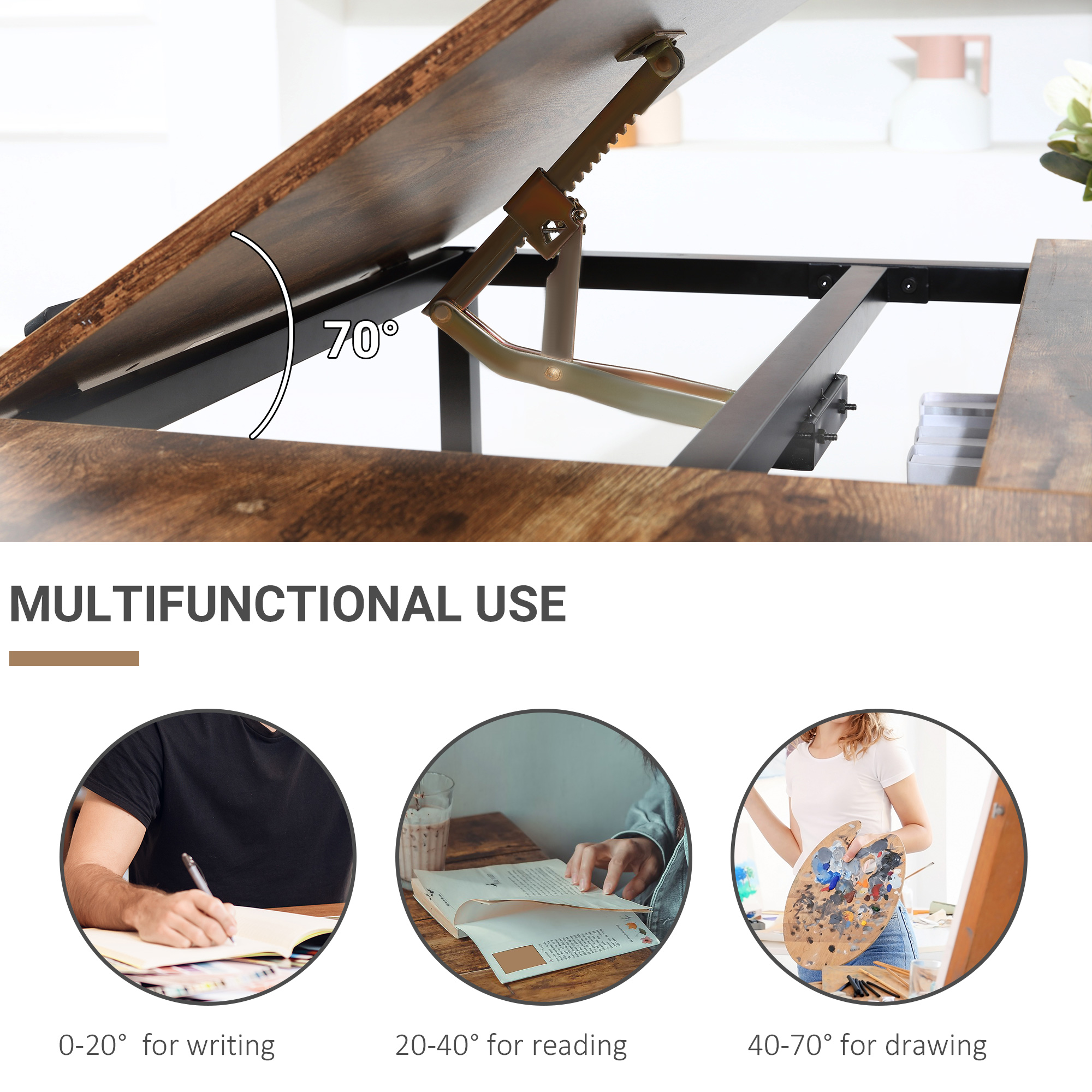 HOMCOM Adjustable Drafting Table Art Desk Drawing Table, Craft Desk Workstation for Painting, Multifunctional Writing Desk w/ 15-Level Tiltable Tabletop and Storage Shelf, Home Office, Rustic Brown 5