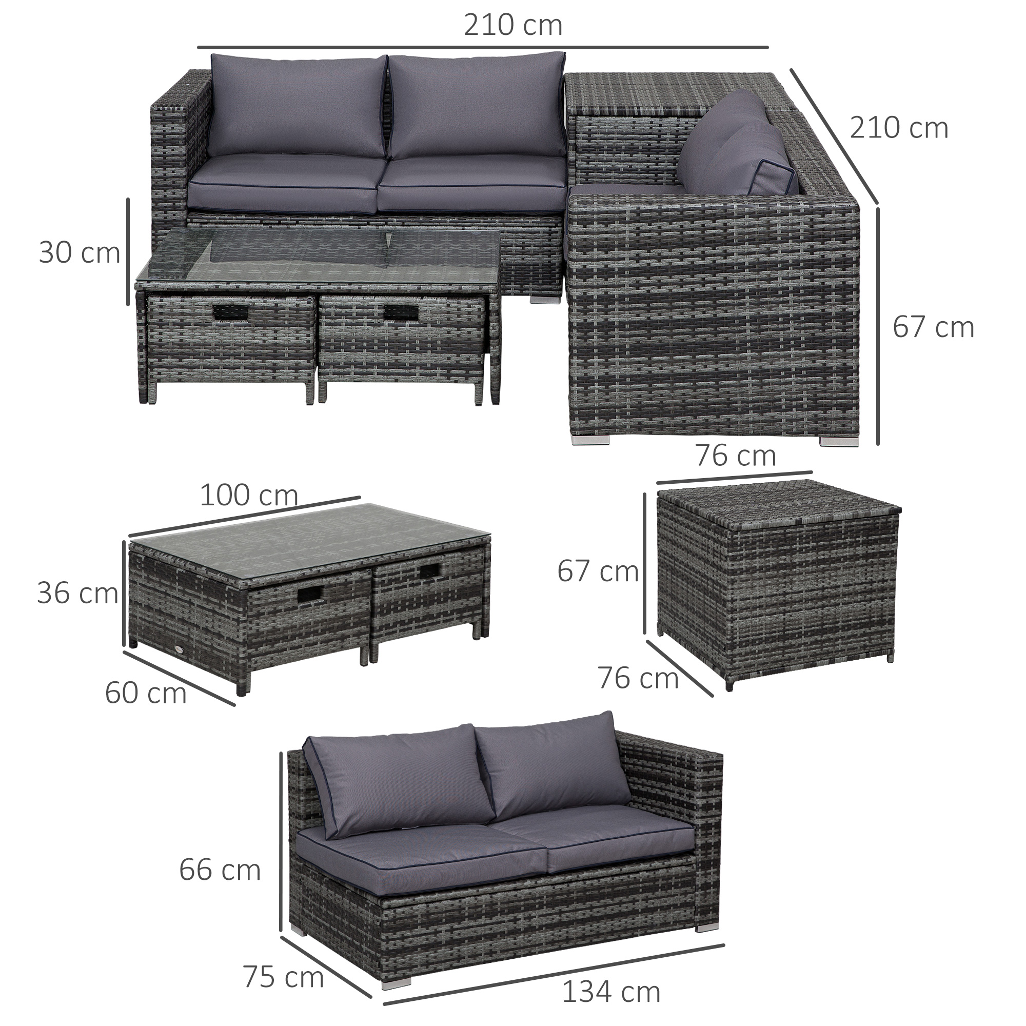 Outsunny 4 Pcs Rattan Wicker Garden Furniture Patio Sofa Storage & Table Set w/ 2 Drawers Coffee Table,Great Cushioned 4 Seats Corner Sofa Grey 3