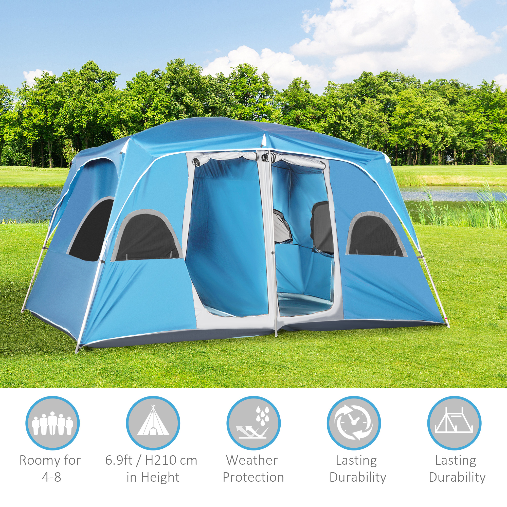 Outsunny 4-8 Person Camping Tent Family Tent with 2 Room, Mesh Windows, Easy Set Up for Backpacking, Hiking, Outdoor, Blue 7