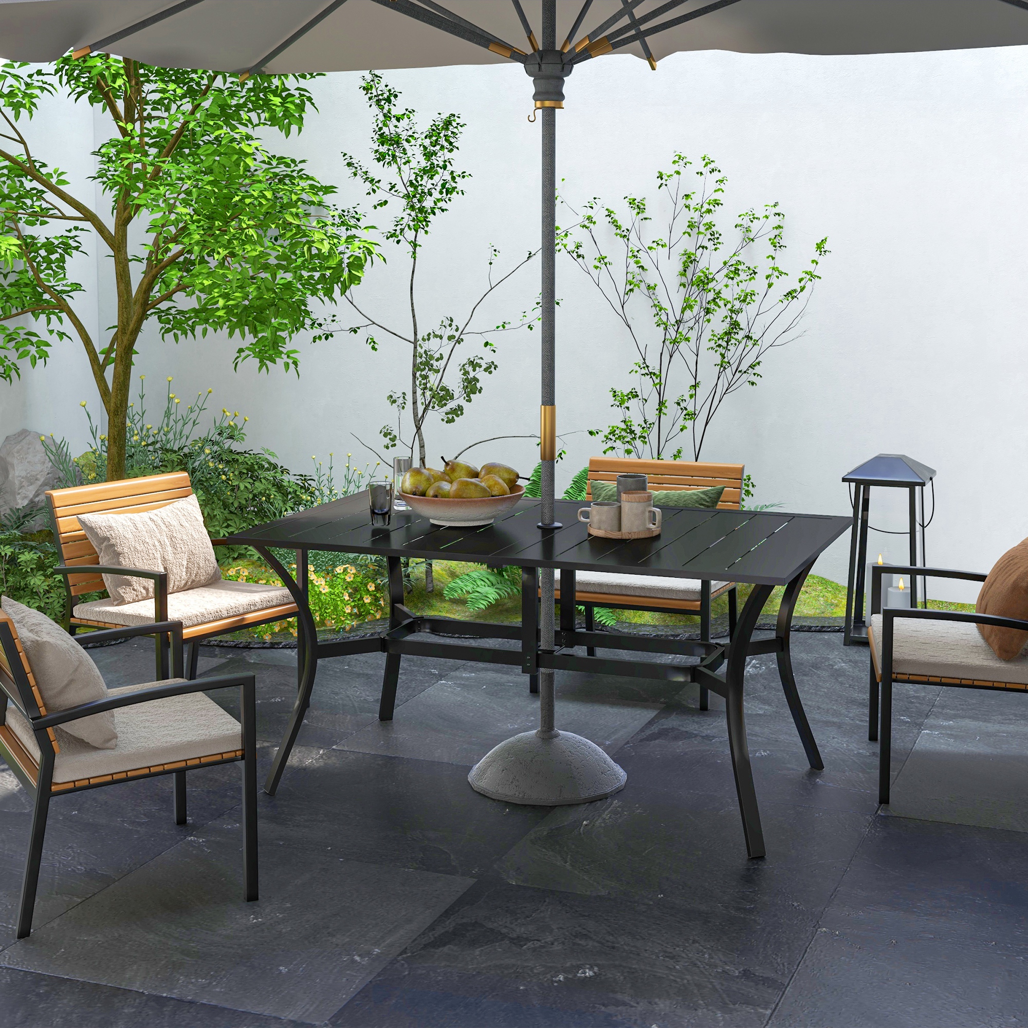 Outsunny Rectangle Garden Dining Table with Parasol Hole, Patio Table with Steel Frame and Slat Tabletop, 150cm x 90cm, Black 2