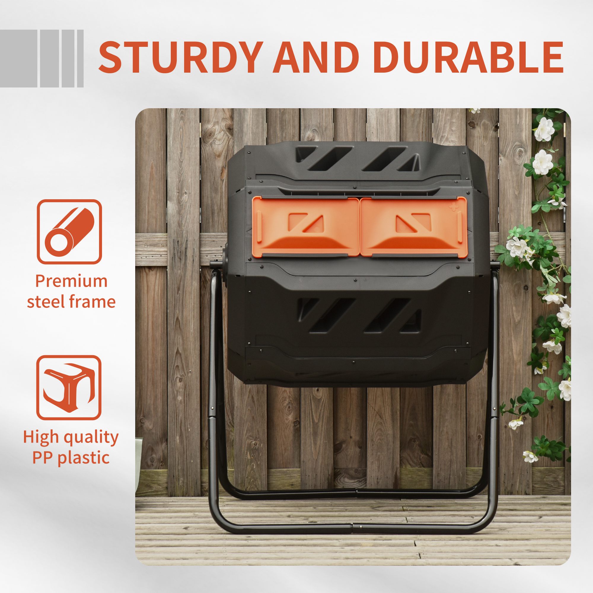 Outsunny 160L 360° Rotating Dual Chamber Composter Orange 7