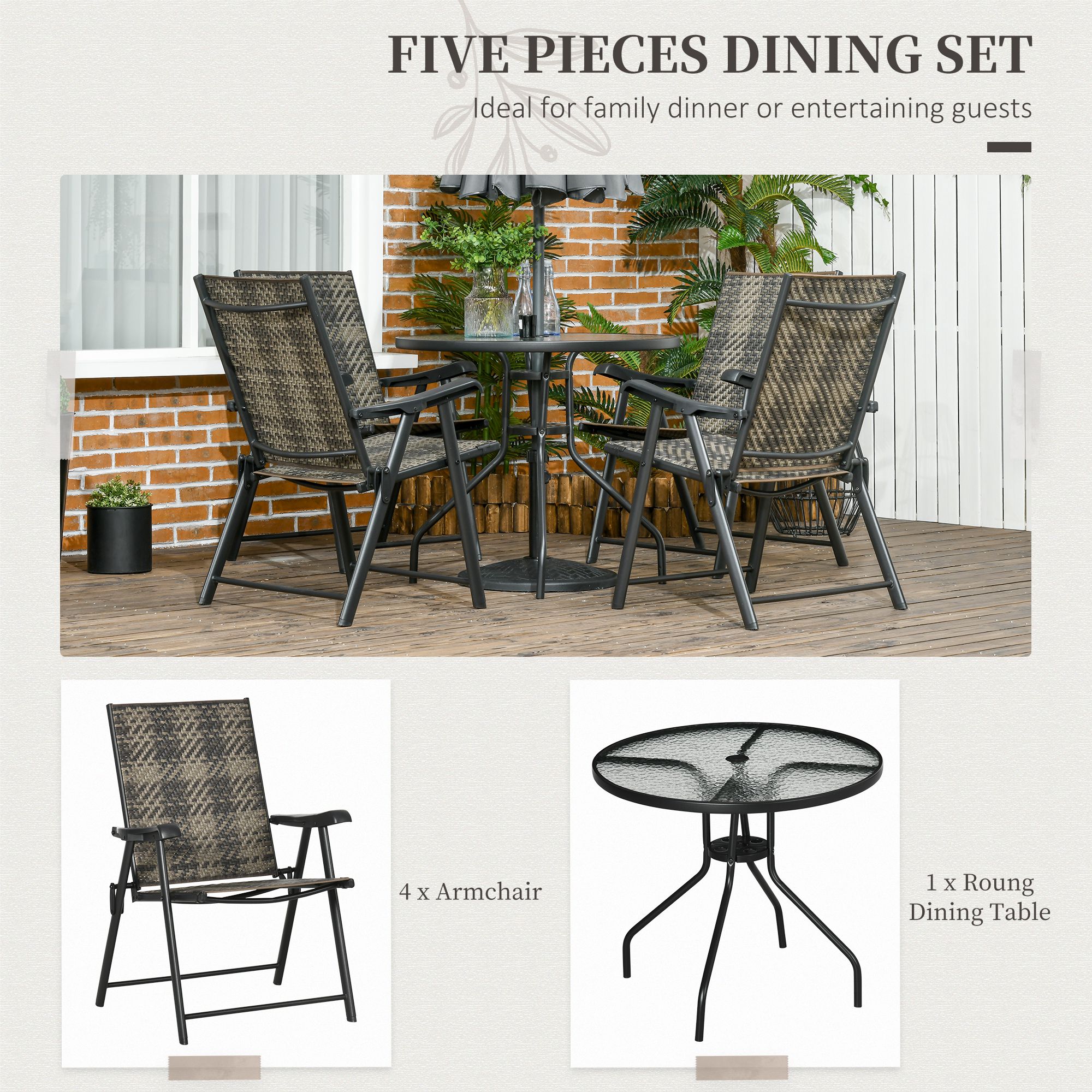 Outsunny 4 Seater Rattan Dining Set, Rattan Garden Furniture Set with Parasol Hole, Outdoor Dining Table and Chairs with 4 Armchairs, Round Glass Top Table for Patio, Balcony, Mixed Grey 4