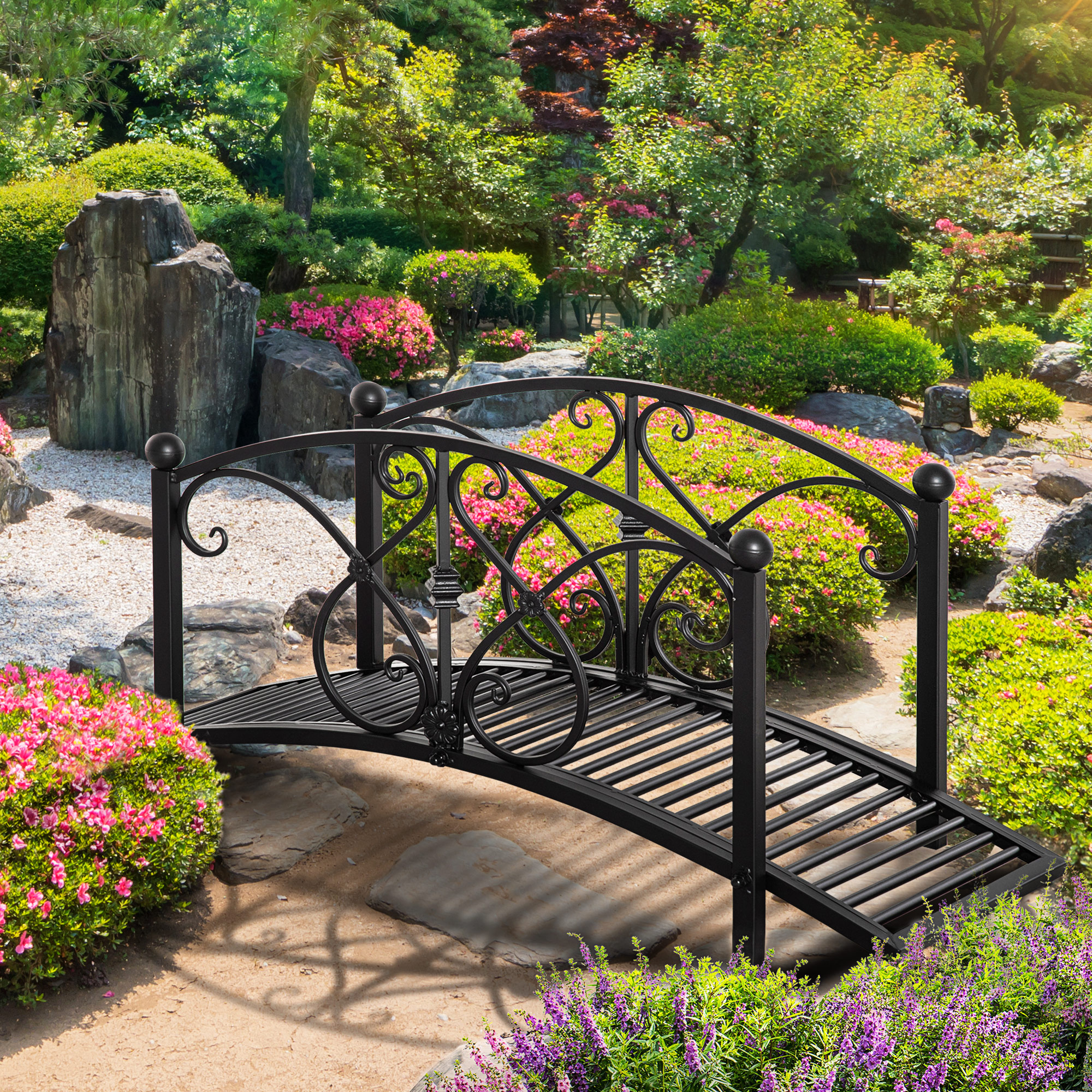 Outsunny 102L x 48W x 49H Classic Metal Garden Bridge with Safety Railings Arc Footbridge Decorative Pond Bridge for Backyard Creek Stream, Black 9