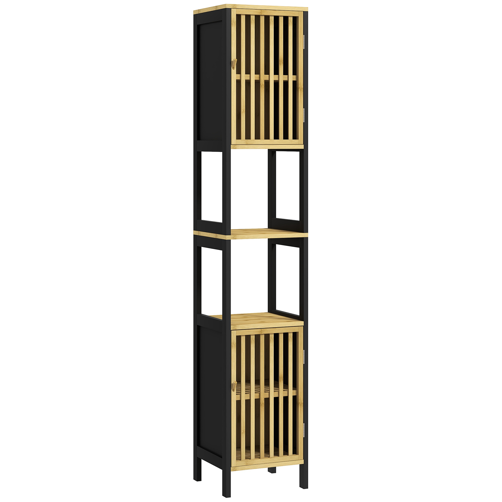 Product photograph of Homcom Tall Bathroom Storage Cabinet Slim Bamboo Bathroom Cabinet With 2 Open Compartments 2 Slatted Doors And Adjustable Shelves Black Aosom Uk from Aosom UK