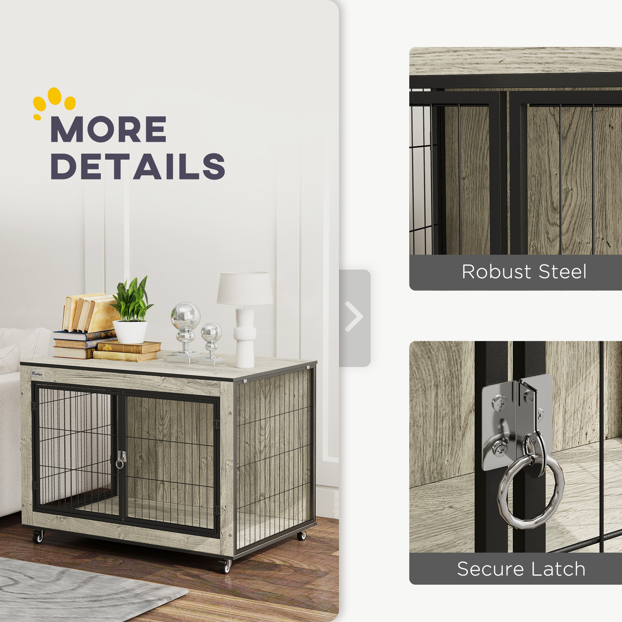 PawHut Dog Crate Furniture with Wheels, Double Doors, for Medium Dogs, Grey 7
