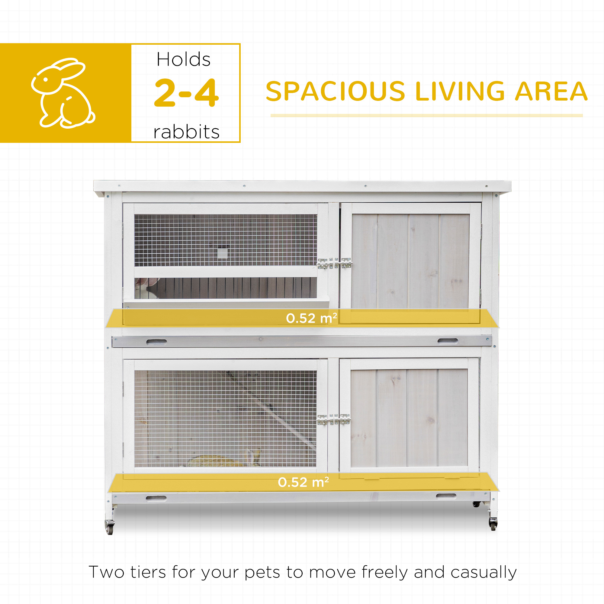 PawHut Wooden Pet Hutch, Two-Tier Cage with Rain Cover, Wheels, White 4