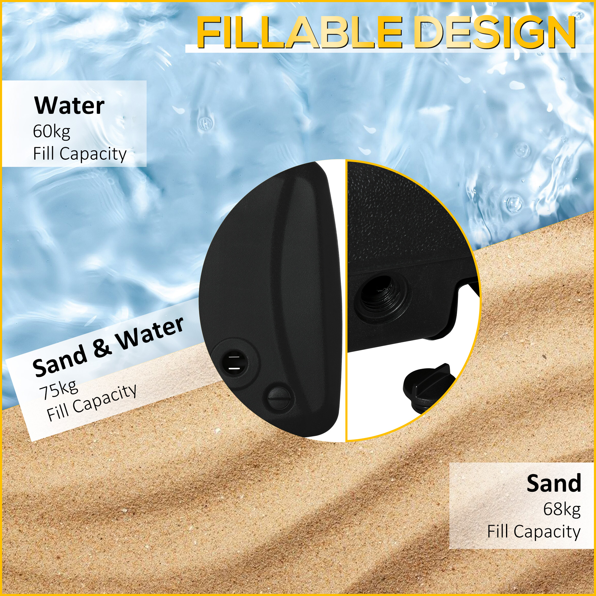 Outsunny Parasol Base, Water and Sand Filled, Up to 75kg, Portable Umbrella Stand Weights for Cantilever Banana Parasol with Wheels, Black 5