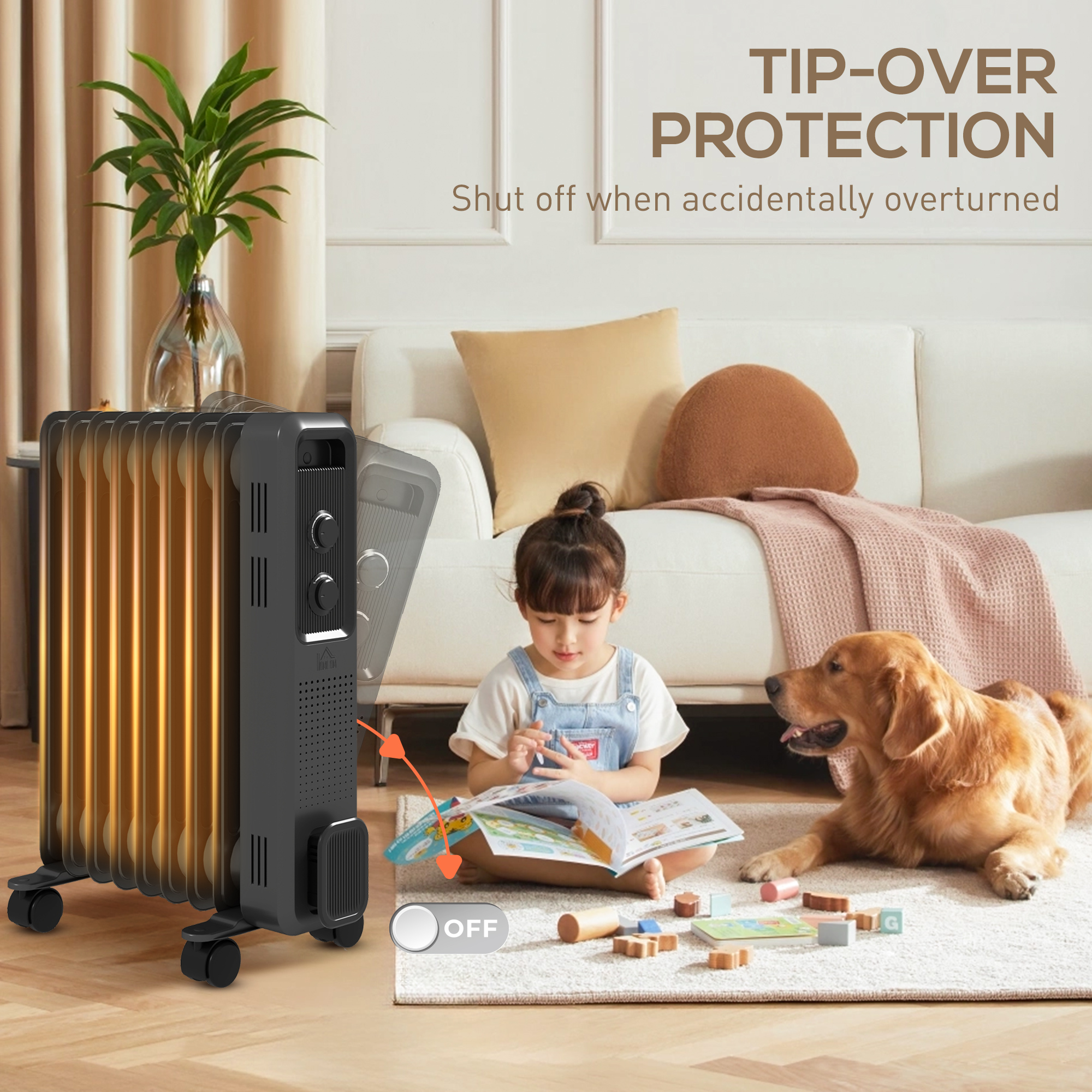 HOMCOM 2000W Oil Filled Radiator, 9 Fin, Portable Electric Heater with 3 Heat Settings, Safety Cut-Off and Wheels, Grey 6