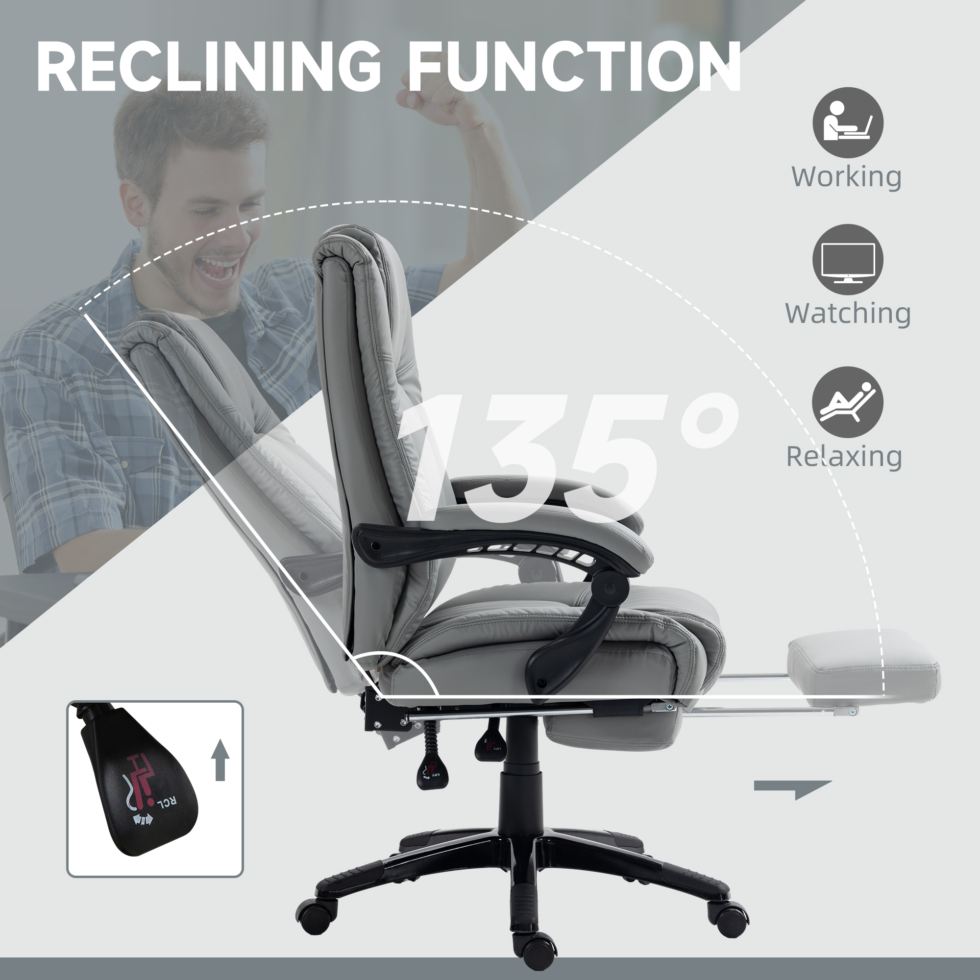 Vinsetto PU Leather Office Chair, Swivel Computer Chair with Footrest, Wheels, Adjustable Height, Grey 5