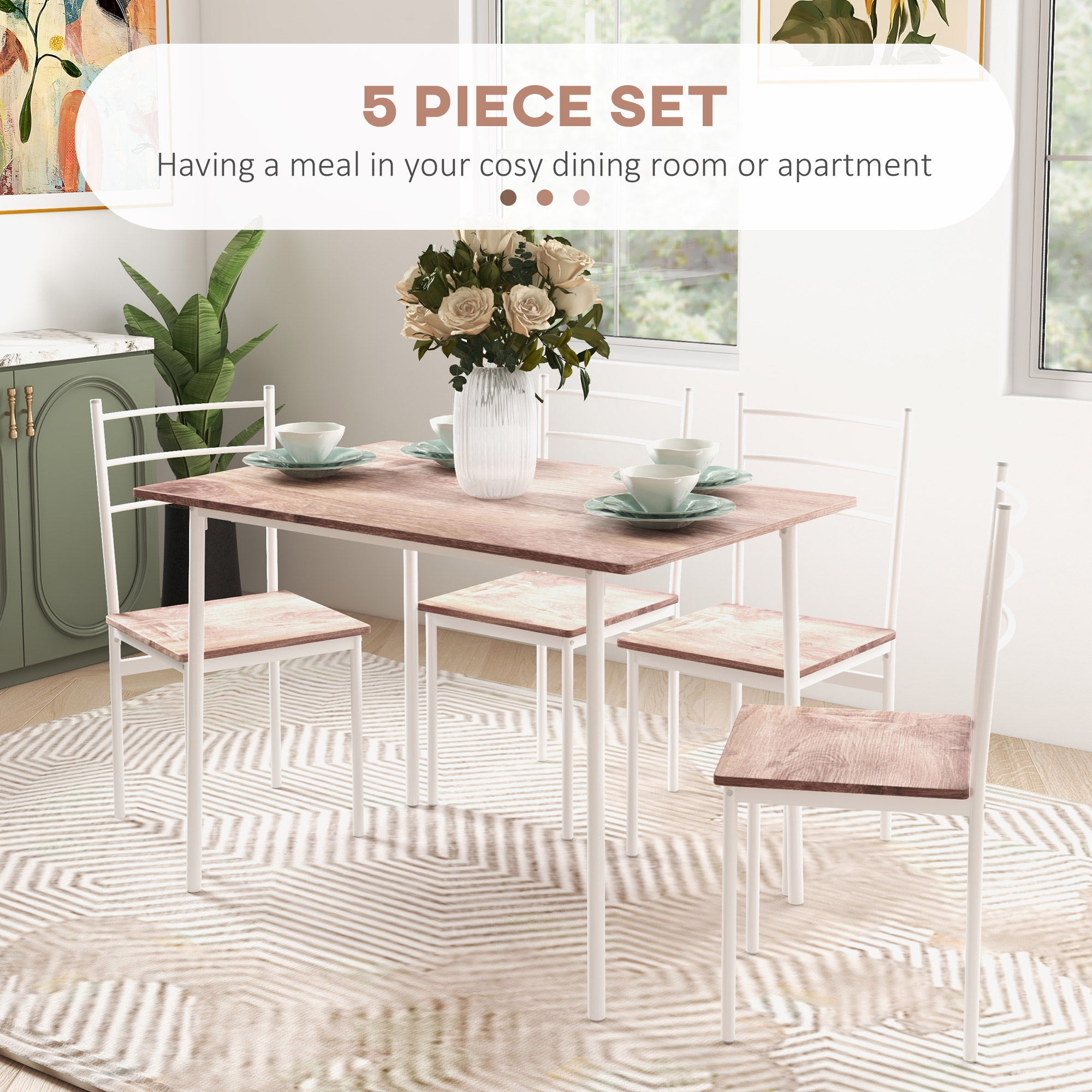 HOMCOM Five-Piece Compact Dining Table and Chairs Set Brown/White 4