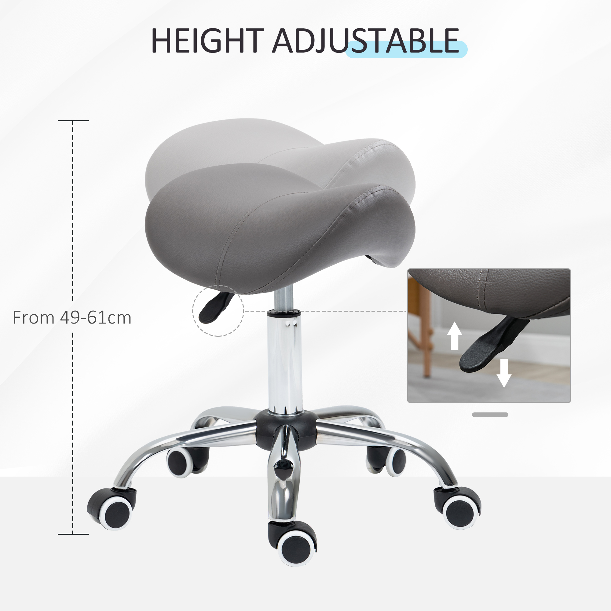 HOMCOM Cosmetic Stool 360° Rotate Height Adjustable Salon Massage Spa Chair Hydraulic Rolling Faux Leather Saddle Stool, Grey 4