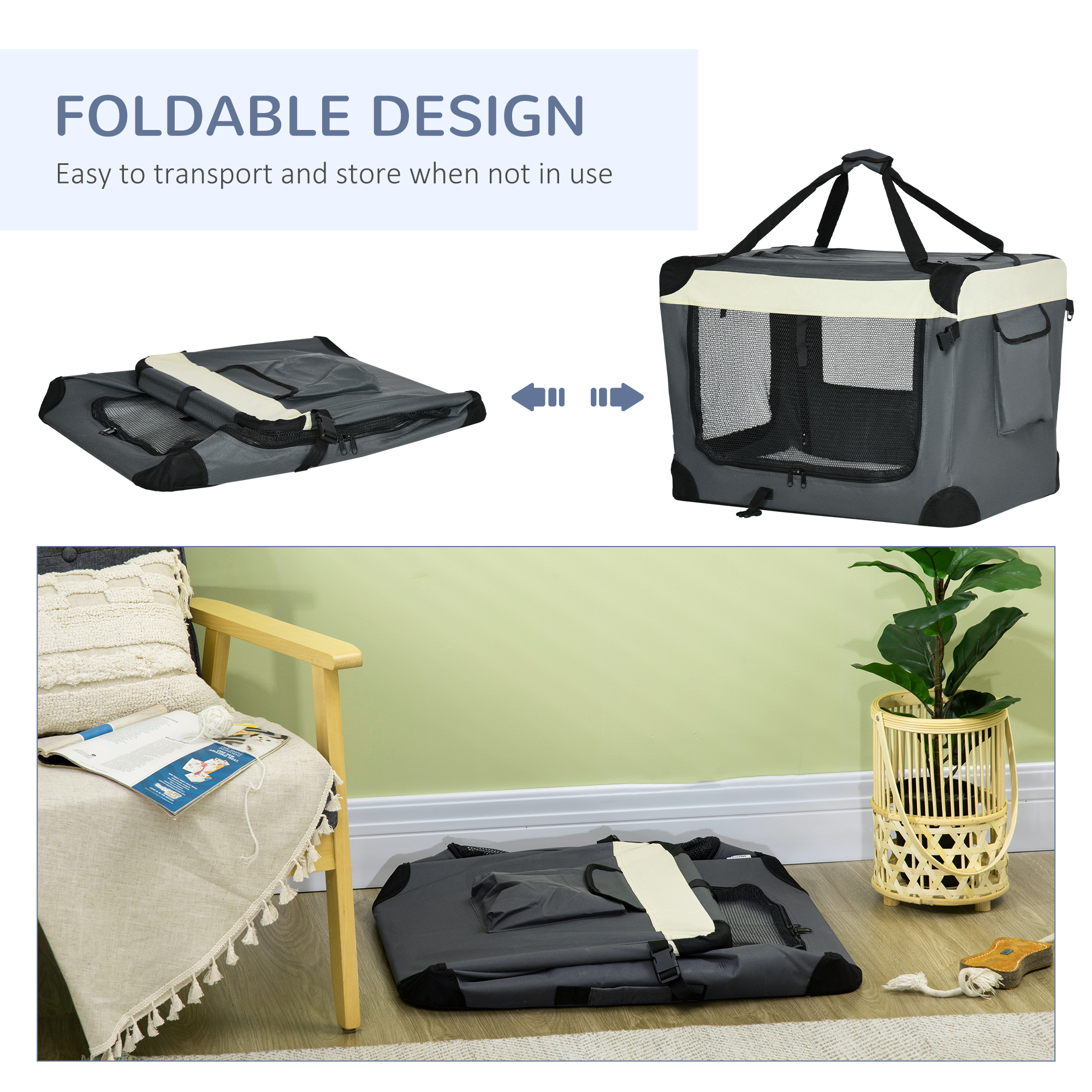 PawHut 70cm Foldable Pet Carrier, with Cushion, for Small Dogs and Cats Grey 6
