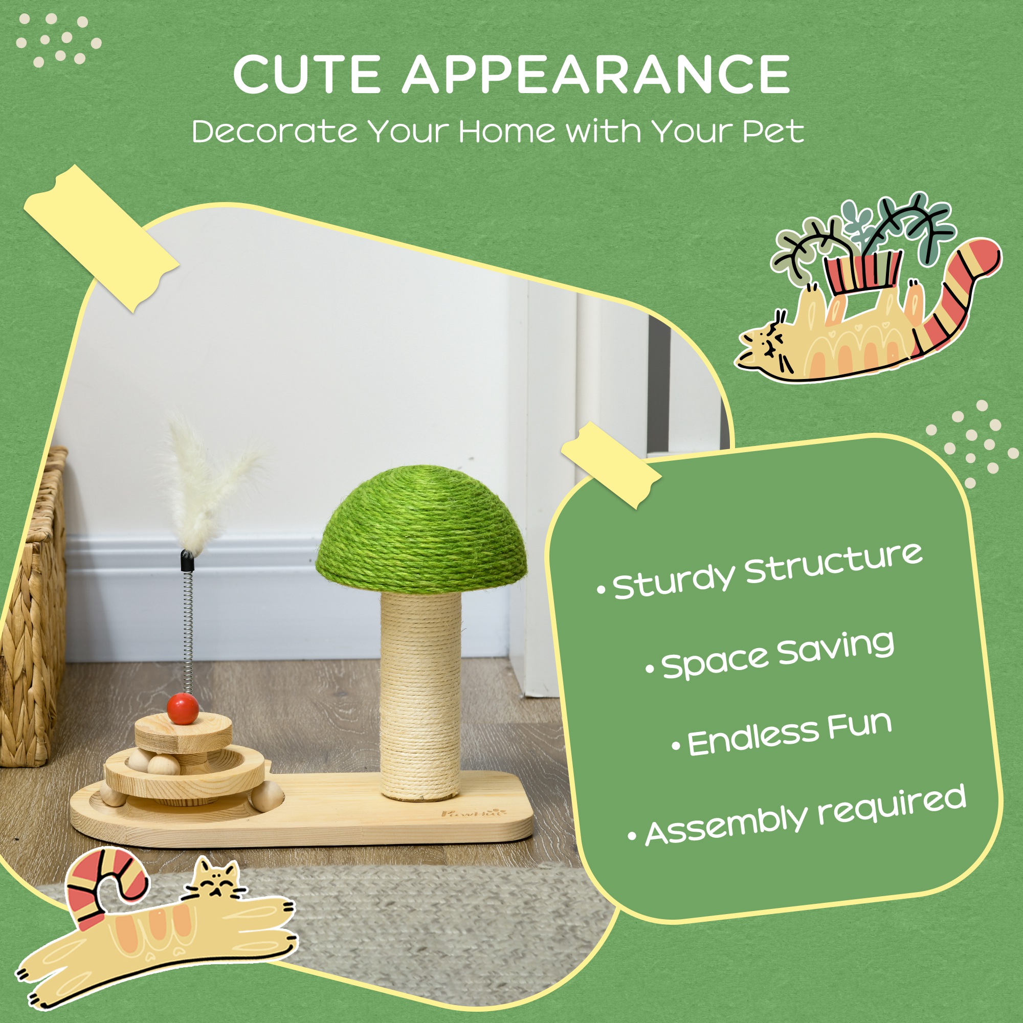 PawHut Mushroom-Shaped Cat Scratching Post, with Toy Balls, Feather for Indoor Cats, 35 x 21 x 26cm Natural Tone 4