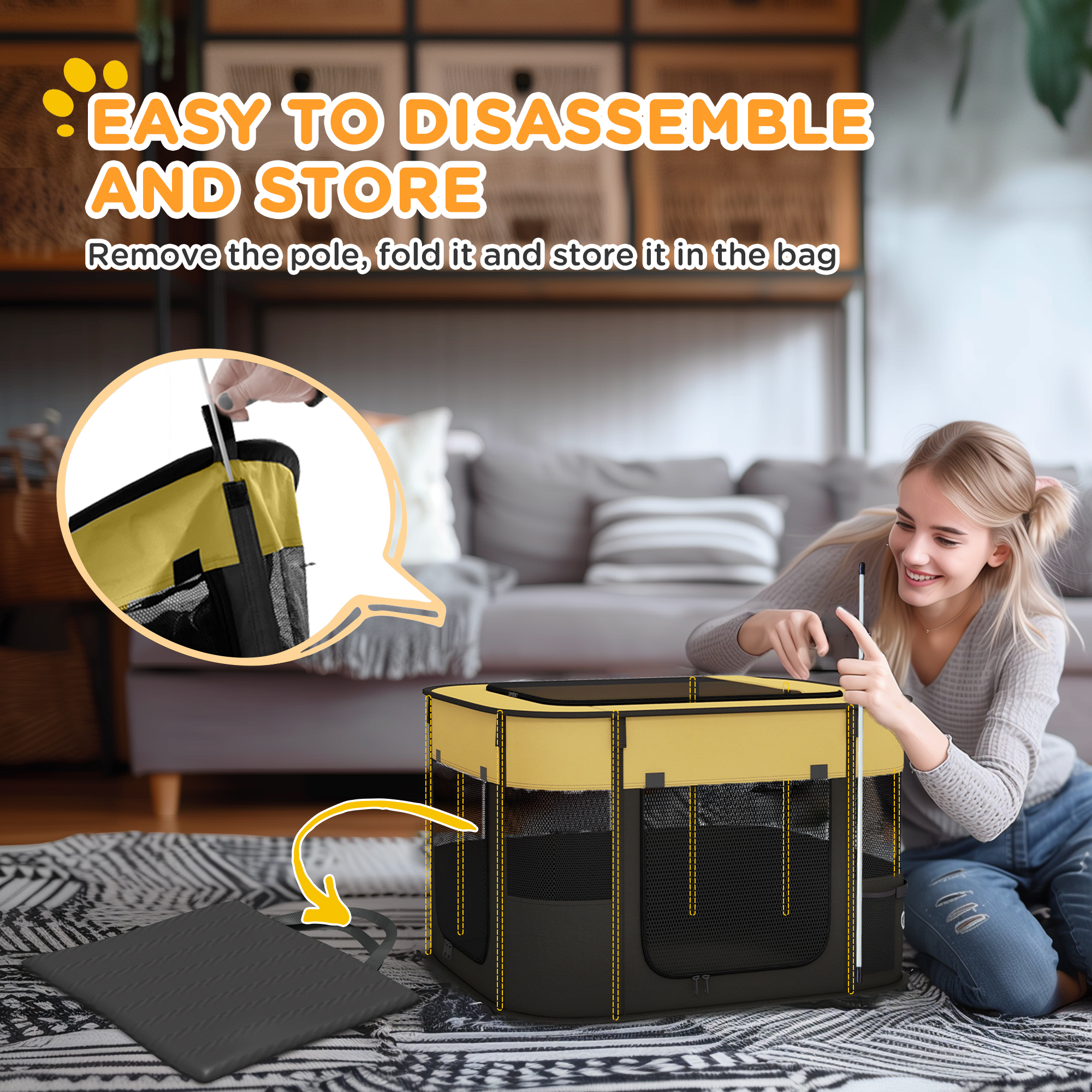 PawHut Foldable Dog Pen with Storage Bag for Indoor/Outdoor Use, Portable Pet playpen, with Ground Stakes Yellow 6