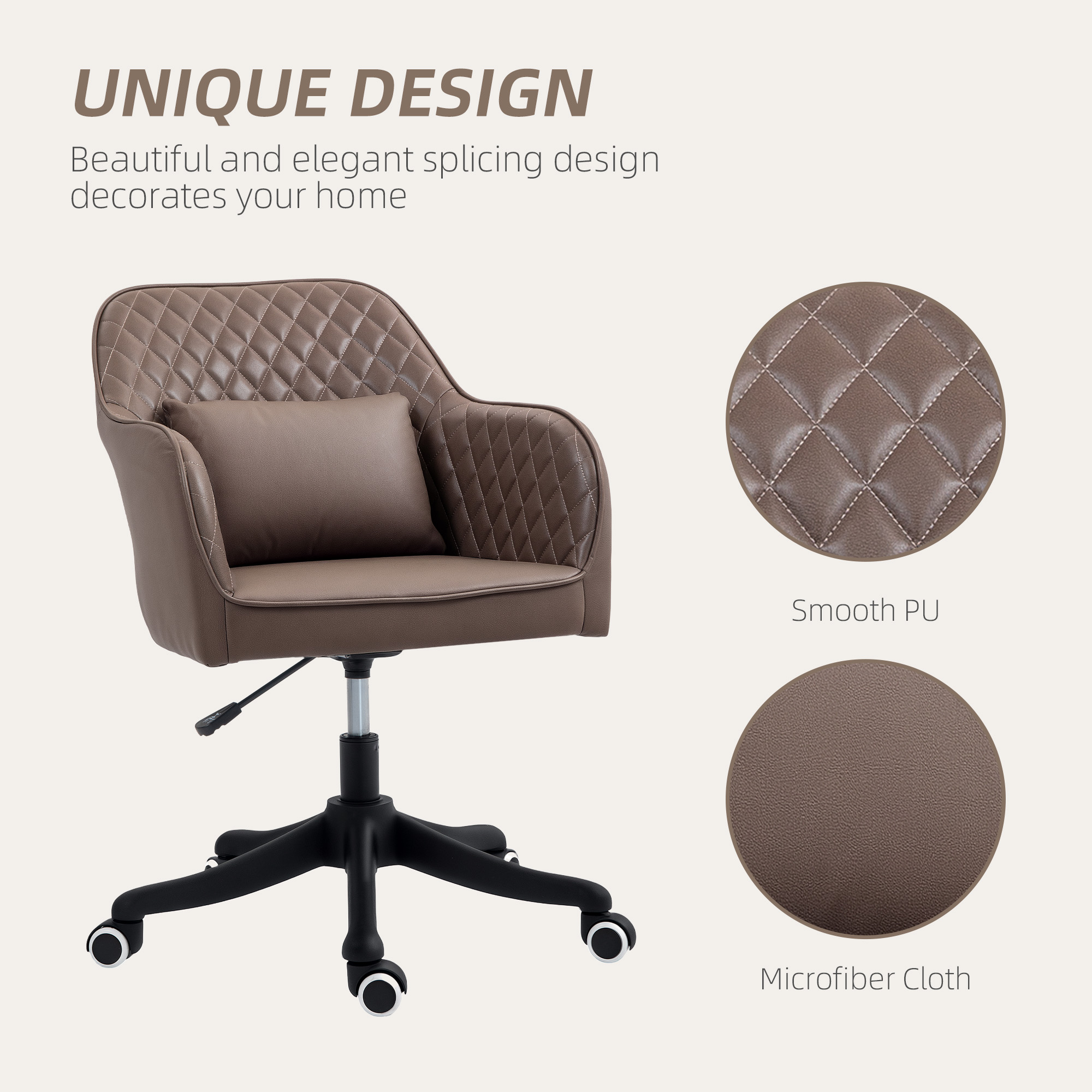 Vinsetto Microfiber Office Chair, Desk Chair, Makeup Vanity Chair with Massage Lumbar Pillow and Rolling Wheels for Bedroom and Home, Brown 8