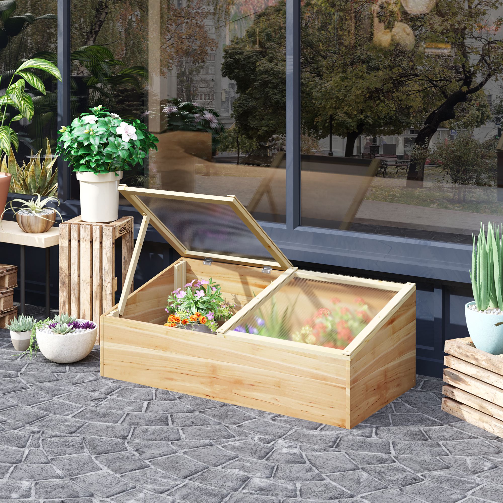 Outsunny Wooden Cold Frame Greenhouse Garden Polycarbonate Grow House  with Independent Openable Top Covers for Flowers, Vegetables, Plants, 100 x 50 x 36 cm, Natural 2